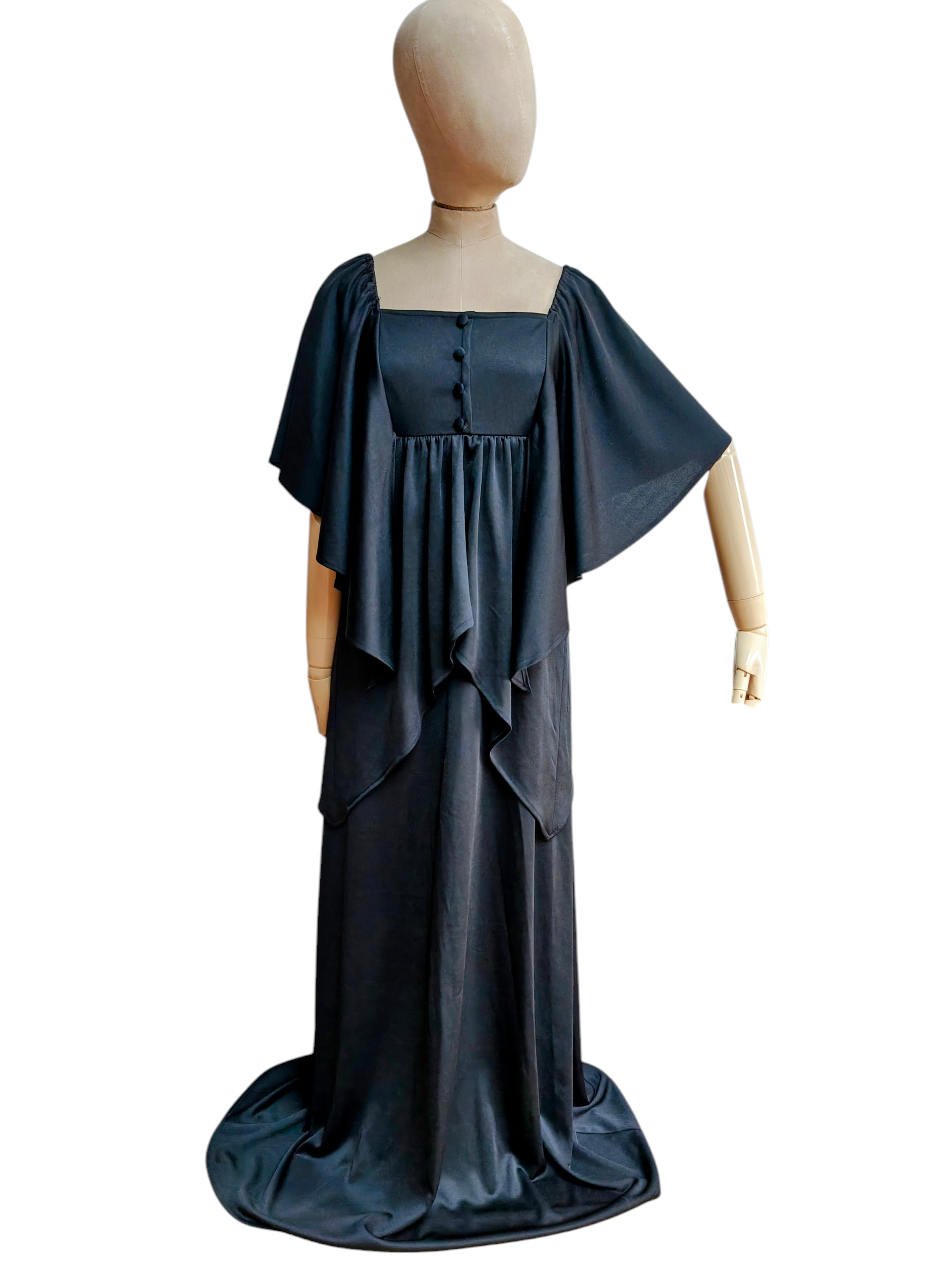 1970's black angel wing maxi dress. Size 10 – Olive & Quince Vintage