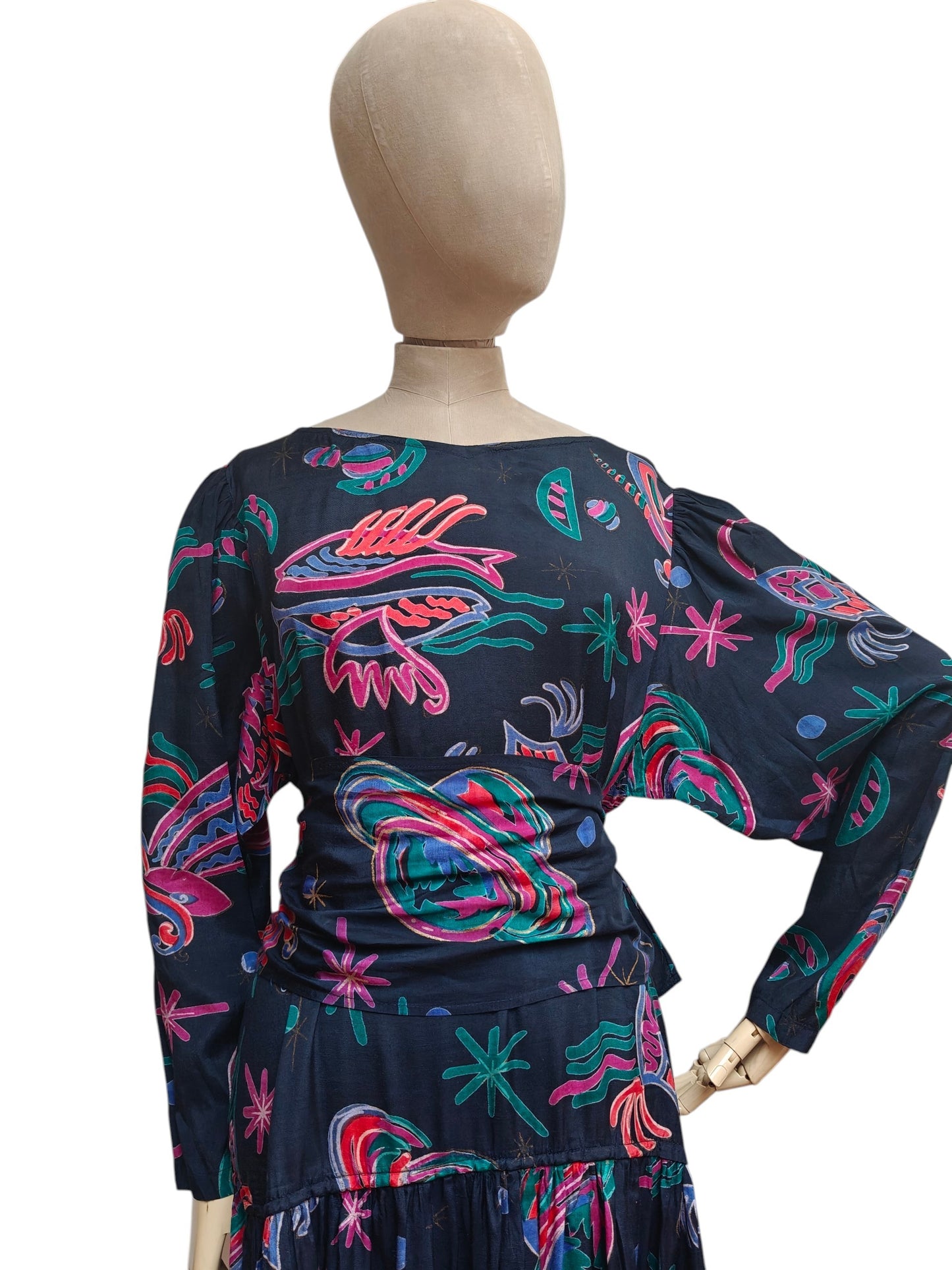 Adini dress with waist tie detail in navy & pink print