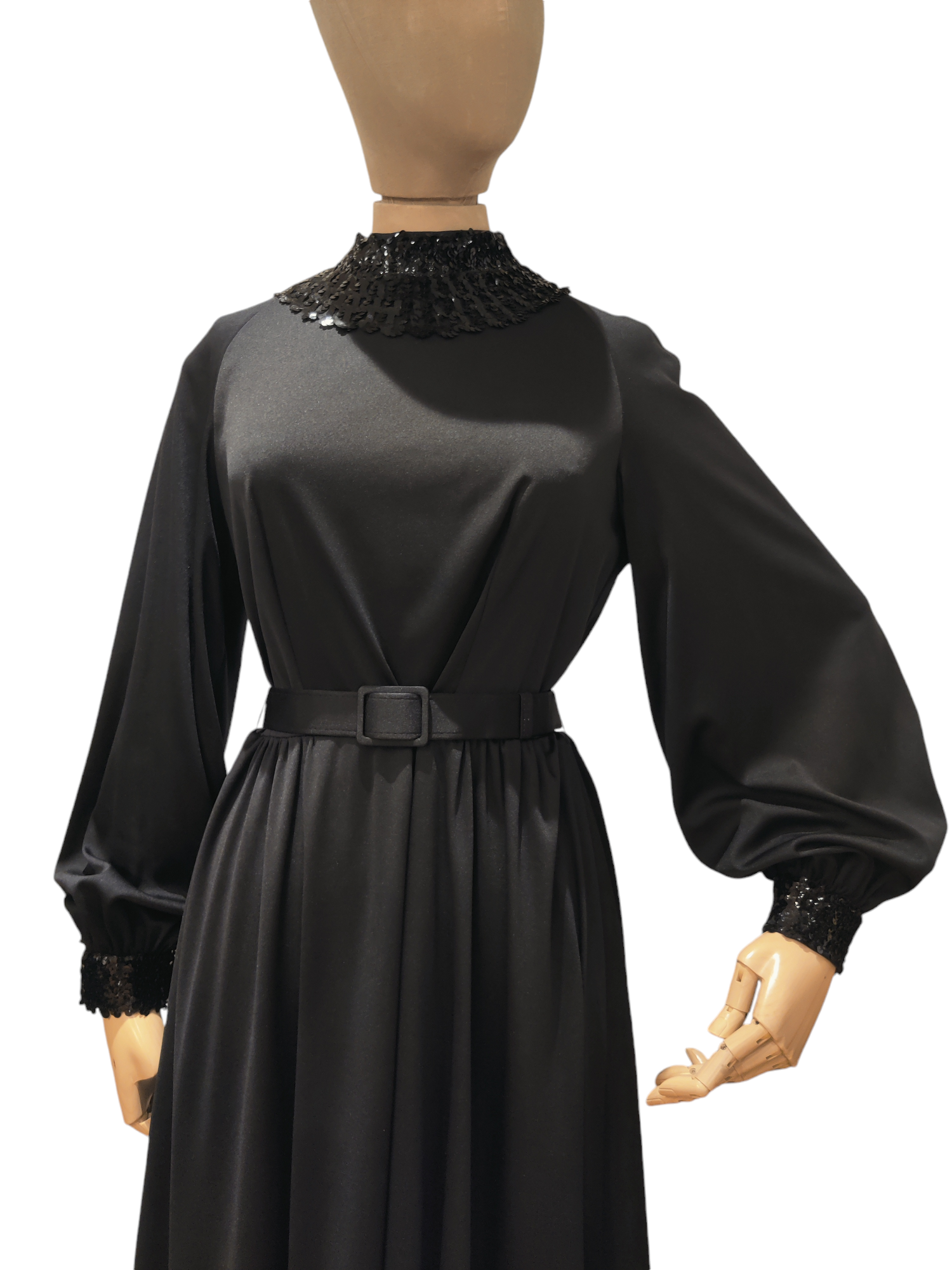 Black belted vintage dress with balloon sleeves
