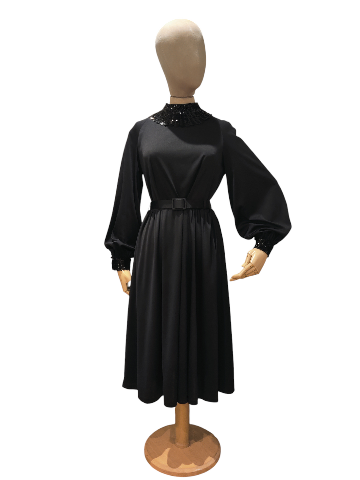 Black vintage midi dress with belt