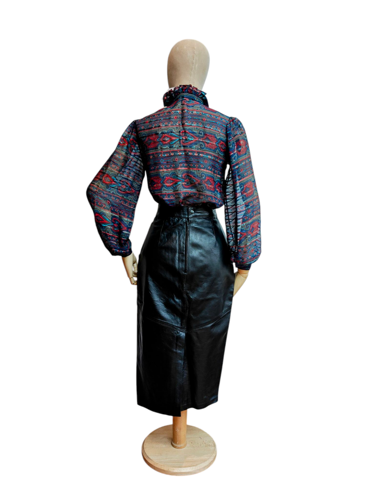 Blue and red vintage ladies shirt with ruffle collar