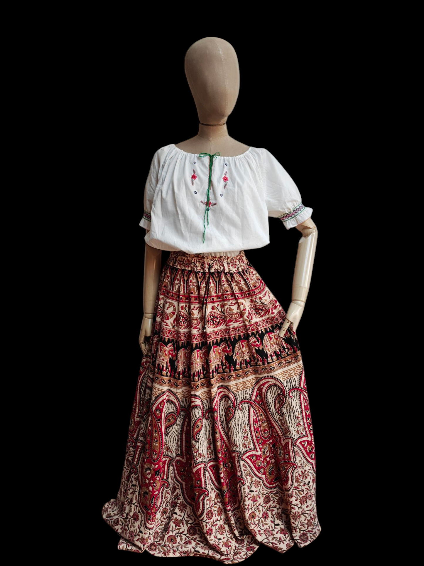 Boho vintage maxi skirt with elephant design.