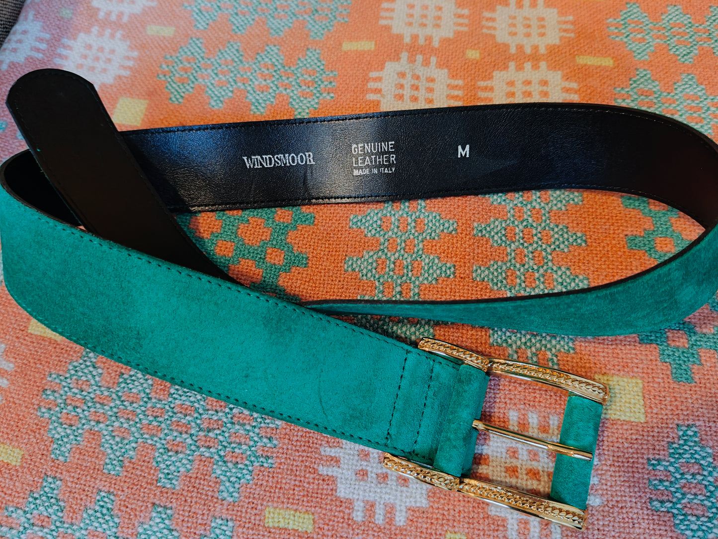 Green vintage belt with statement gold buckle