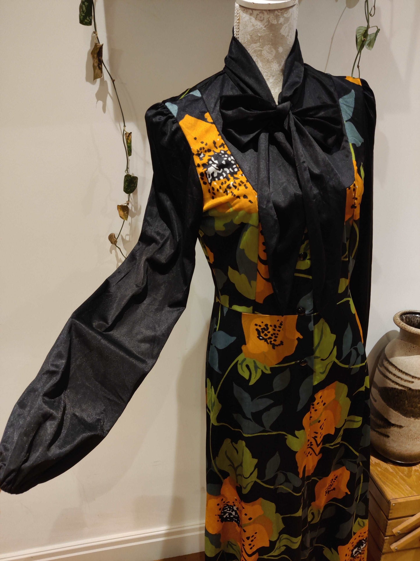 Black floral maxi dress with balloon sleeves