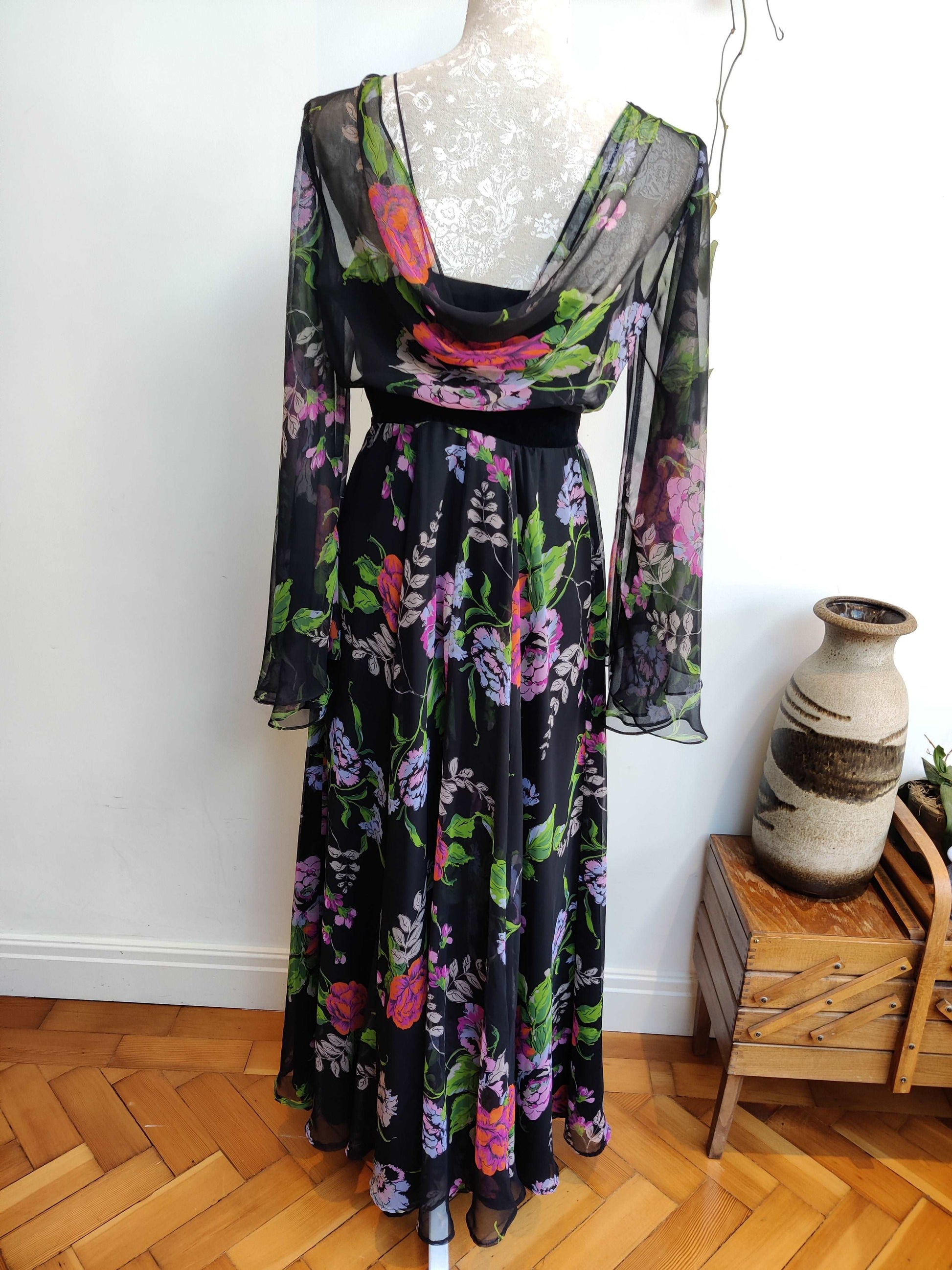 boho 70s maxi dress with floaty sleeves