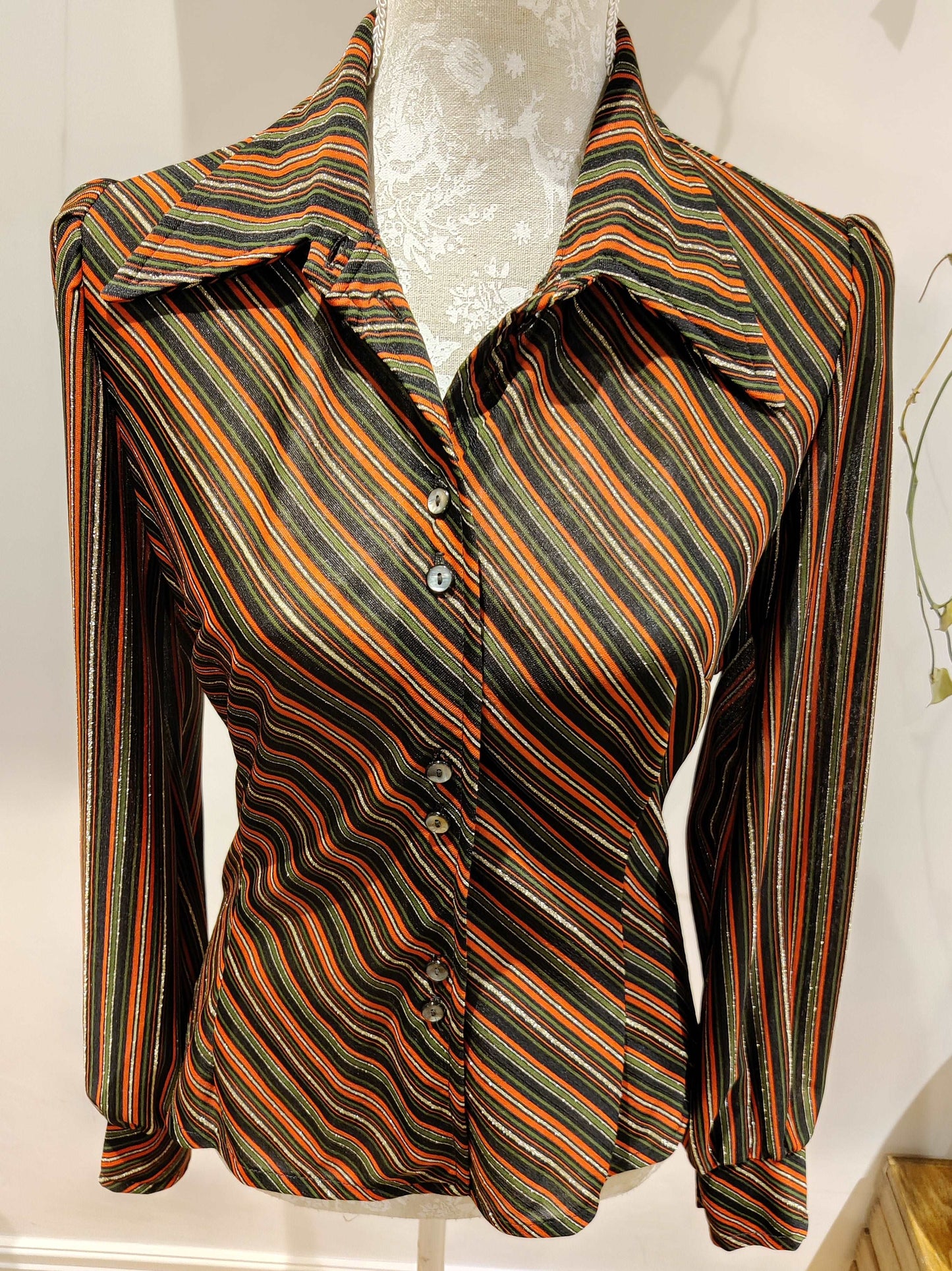 70s striped blouse with dagger collar.