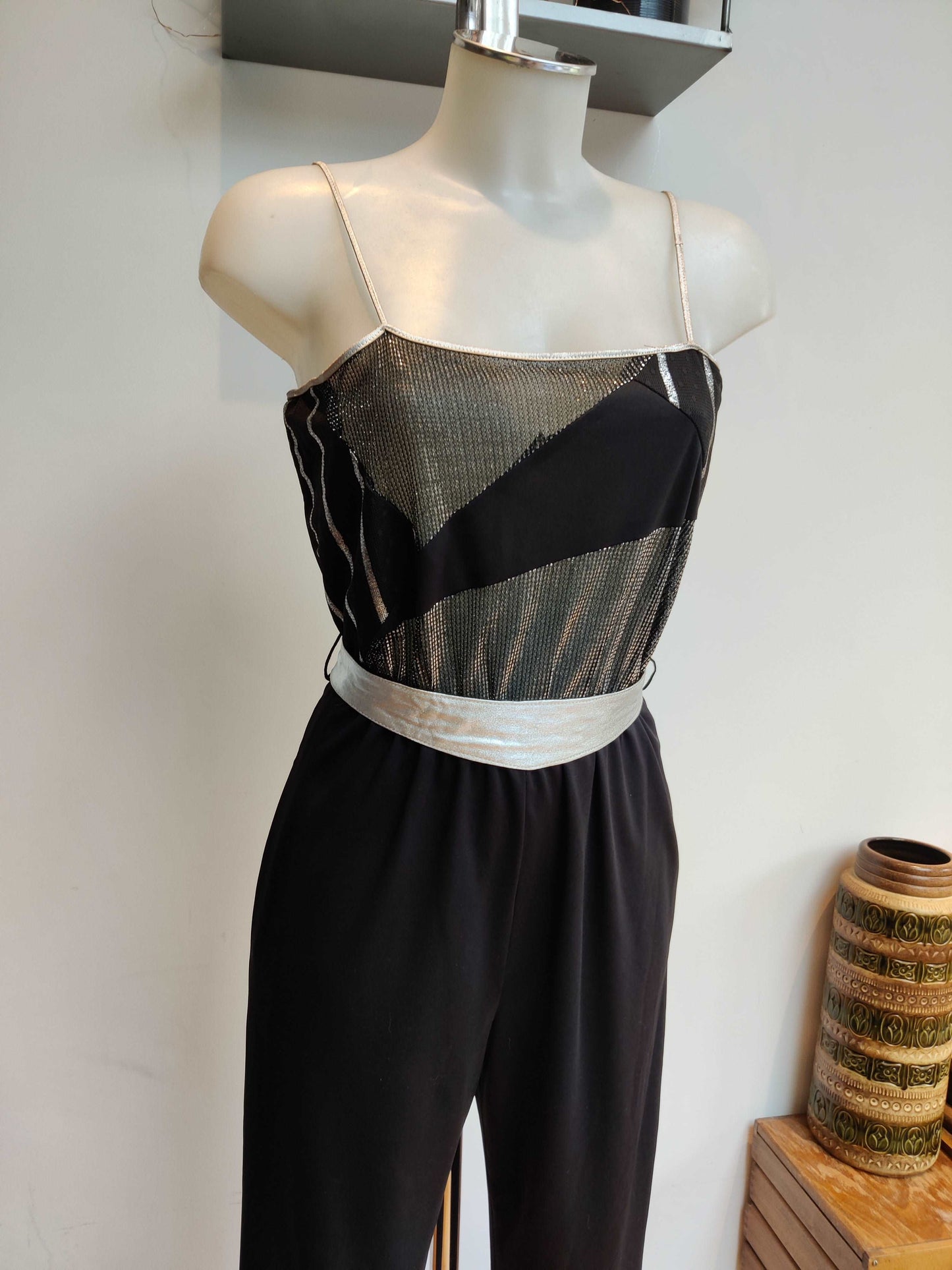 Black and silver spaghetti strap vintage jumpsuit.