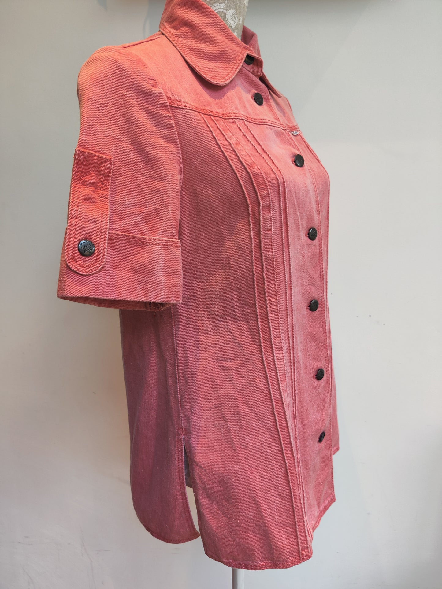 70s red denim shirt with short sleeves and statement collar