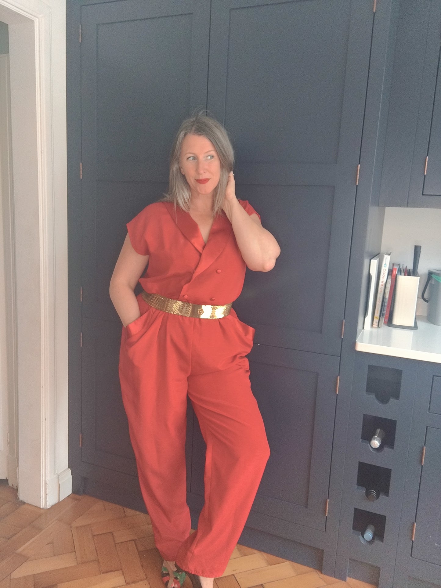 Red 80s full length jumpsuit