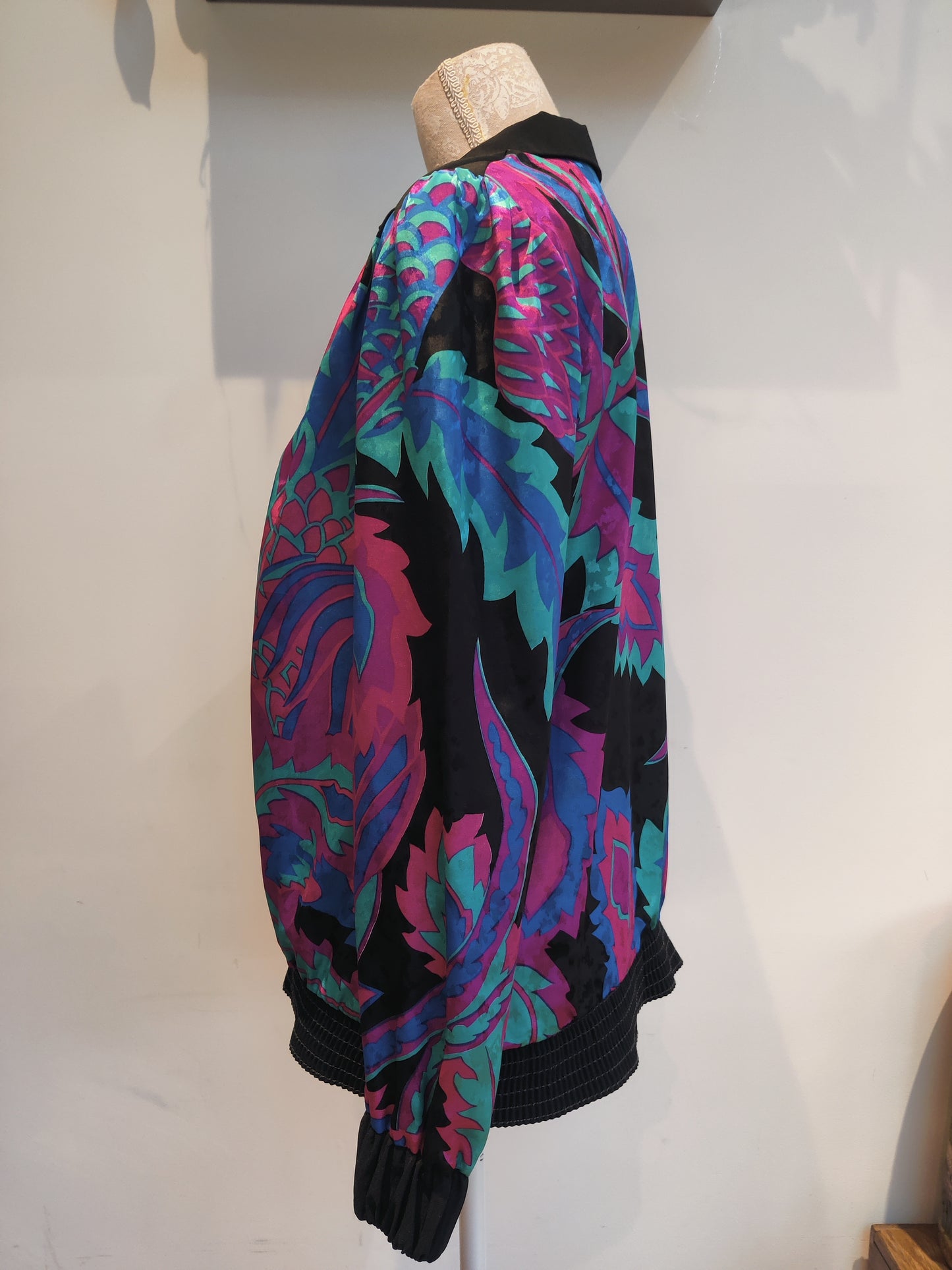 Retro print 80s top with black pink and blue design. 12-14