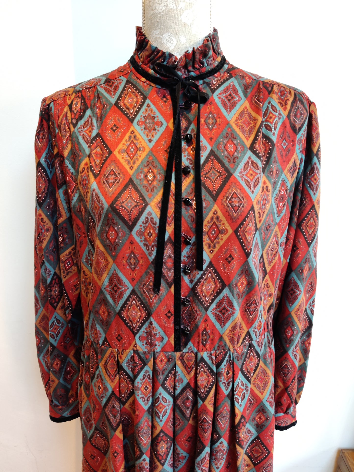 Autumnal coloured diamond print midi dress