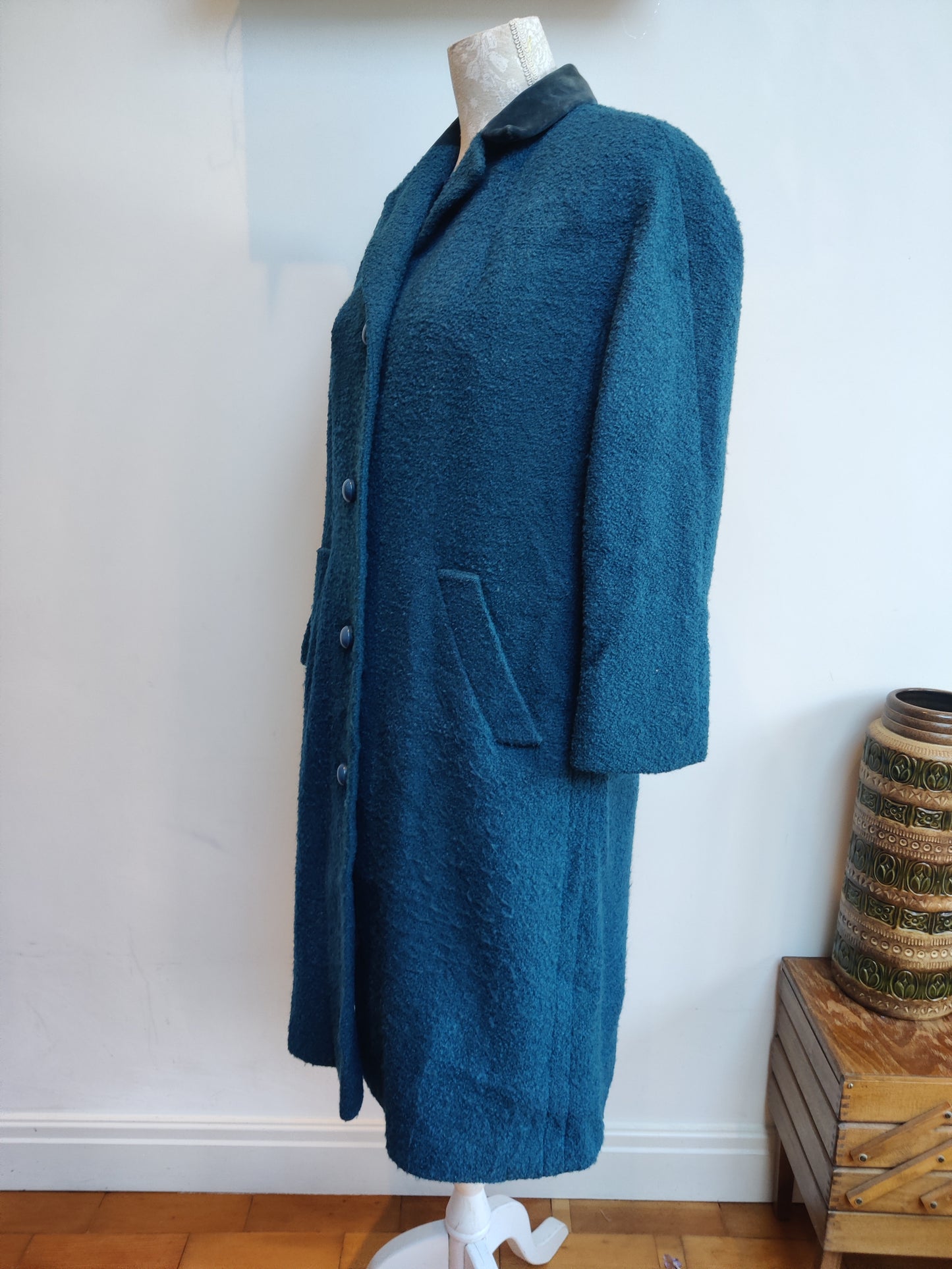 Stunning 1950s Aquascutum coat in blue wool with velvet collar.