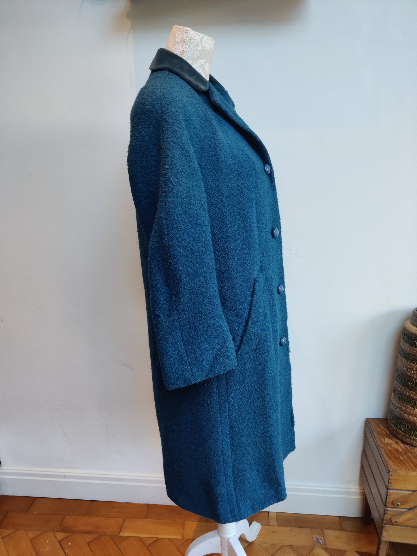 Stunning 1950s Aquascutum coat in blue wool with velvet collar.