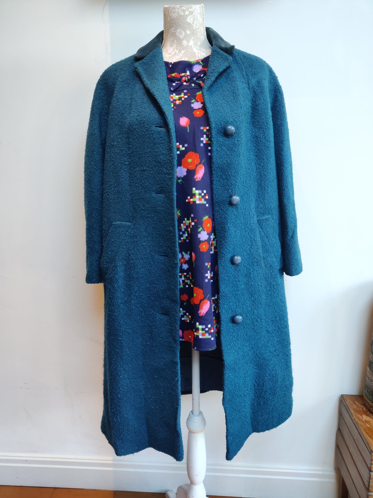 Stunning 1950s Aquascutum coat in blue wool with velvet collar.