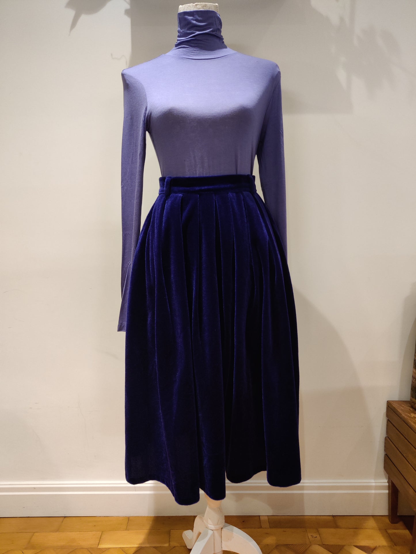 Vintage blue velvet fit and flare midi skirt