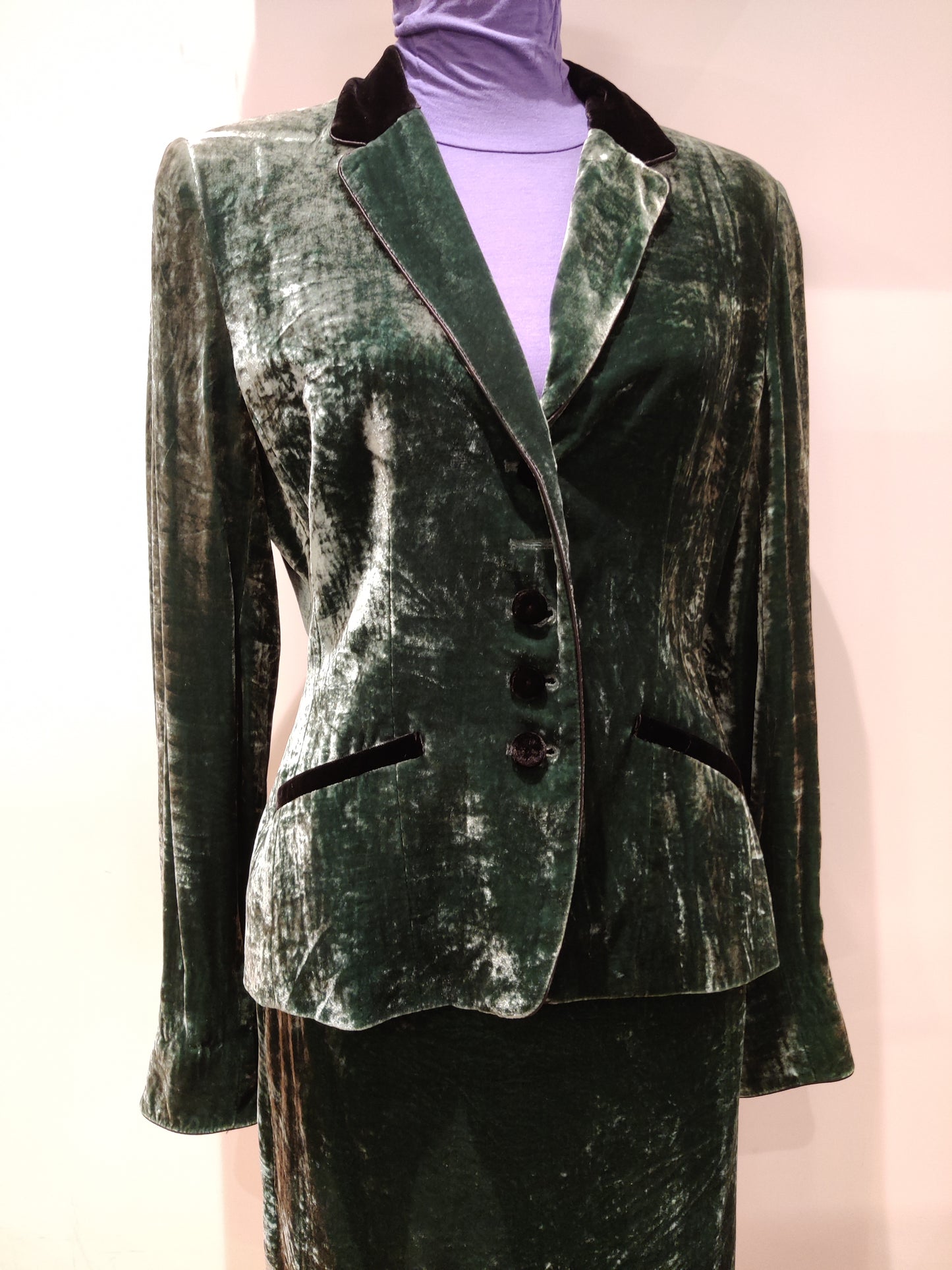 Green and black velvet skirt suit. Size 10-12.