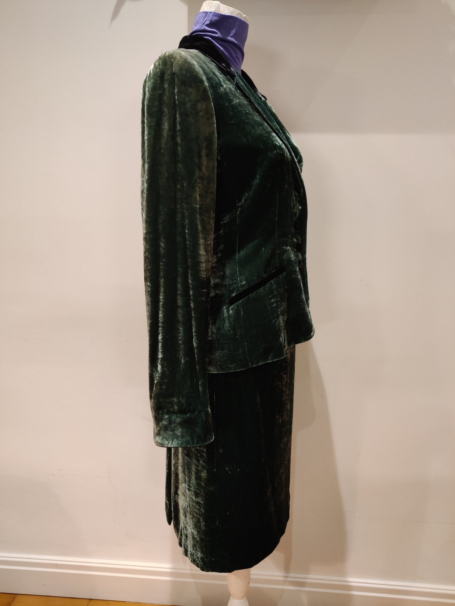 Green and black velvet skirt suit. Size 10-12.