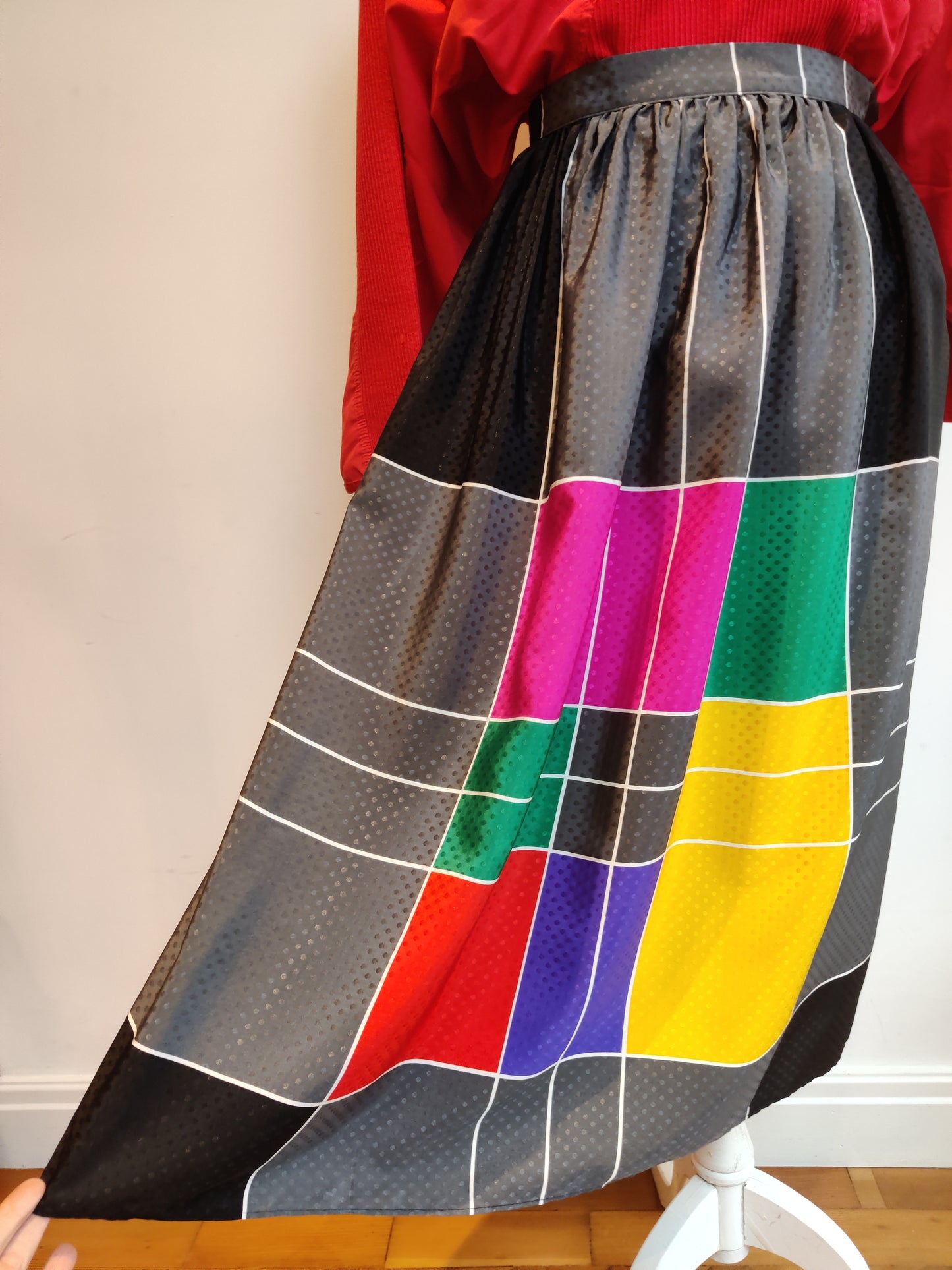 80s rainbow colour block midi skirt. Size 8.
