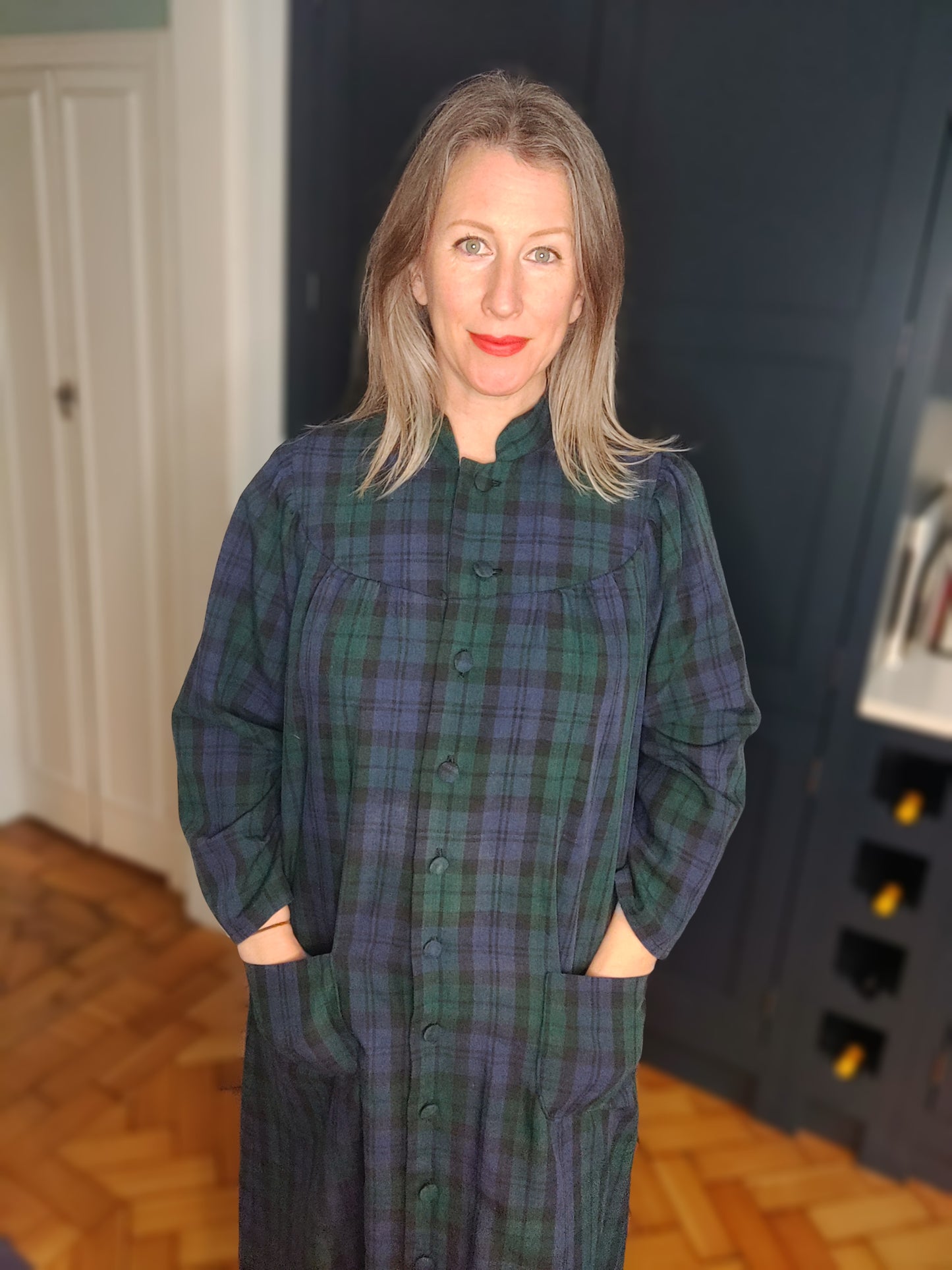 Incredible 80s Laura Ashley style green and blue tartan midi dress. Size 18-20.