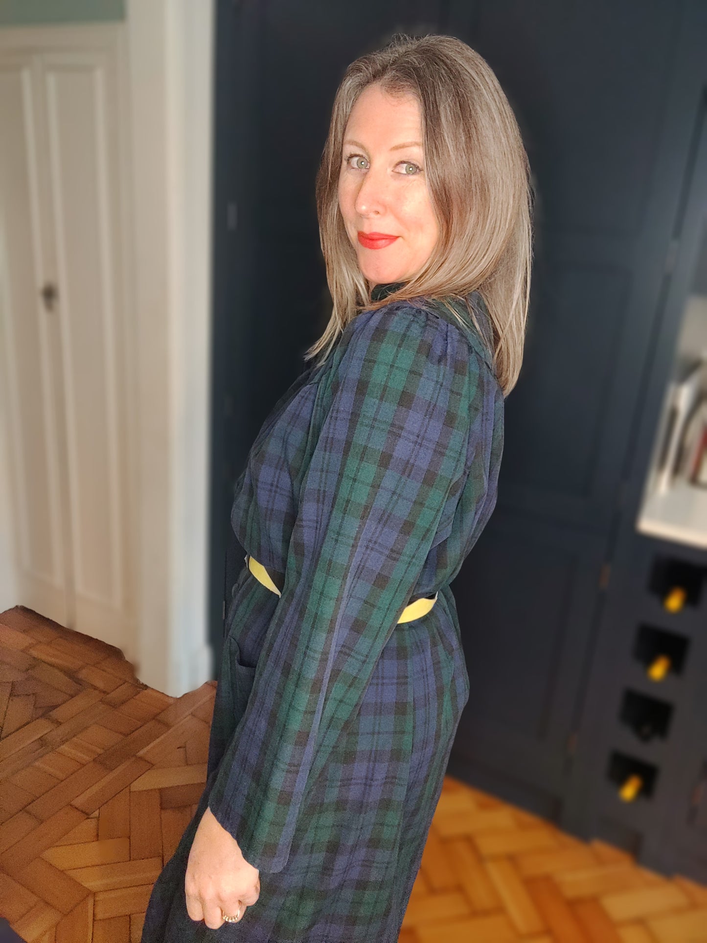 Incredible 80s Laura Ashley style green and blue tartan midi dress. Size 18-20.