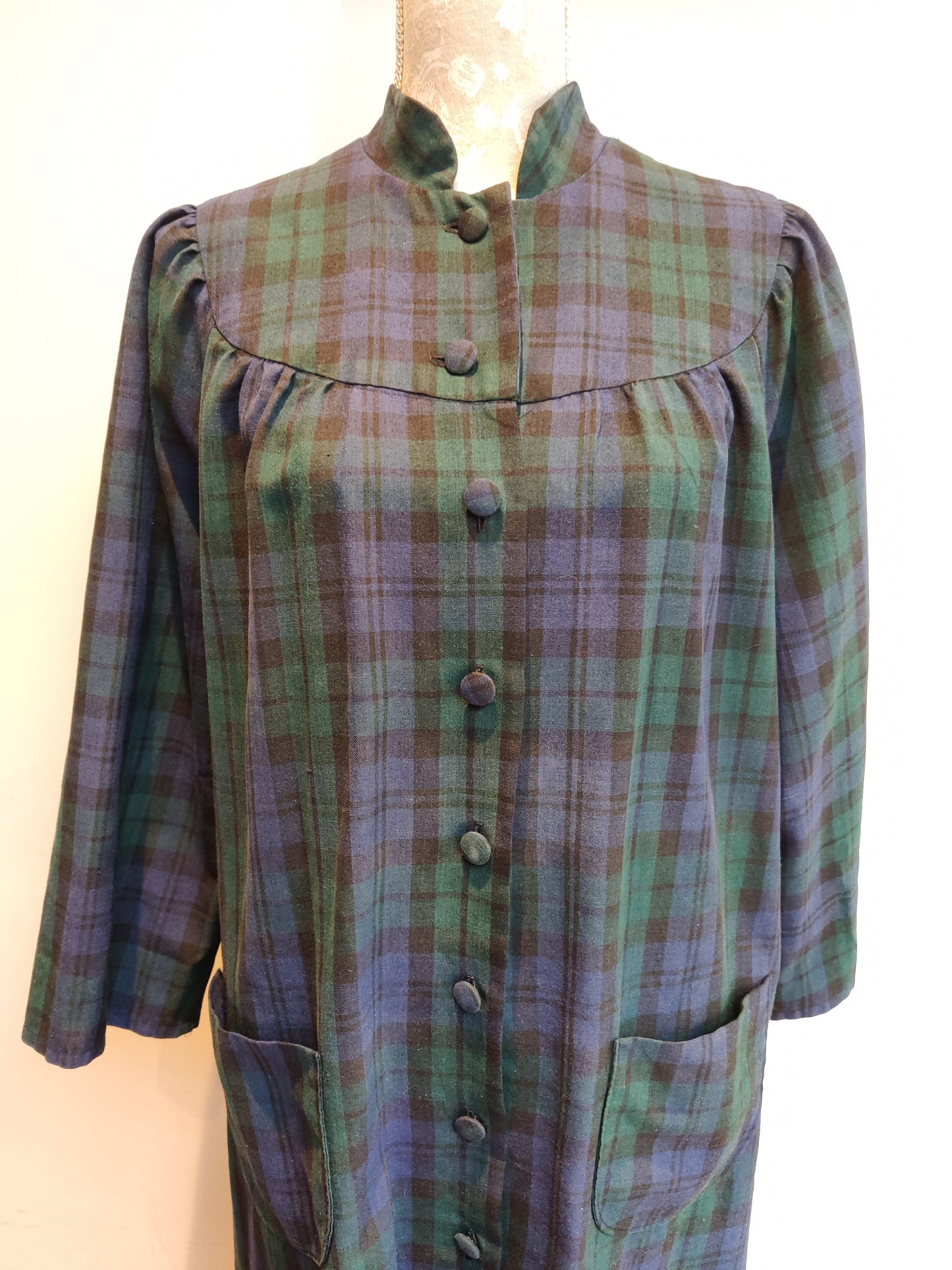 Incredible 80s Laura Ashley style green and blue tartan midi dress. Size 18-20.