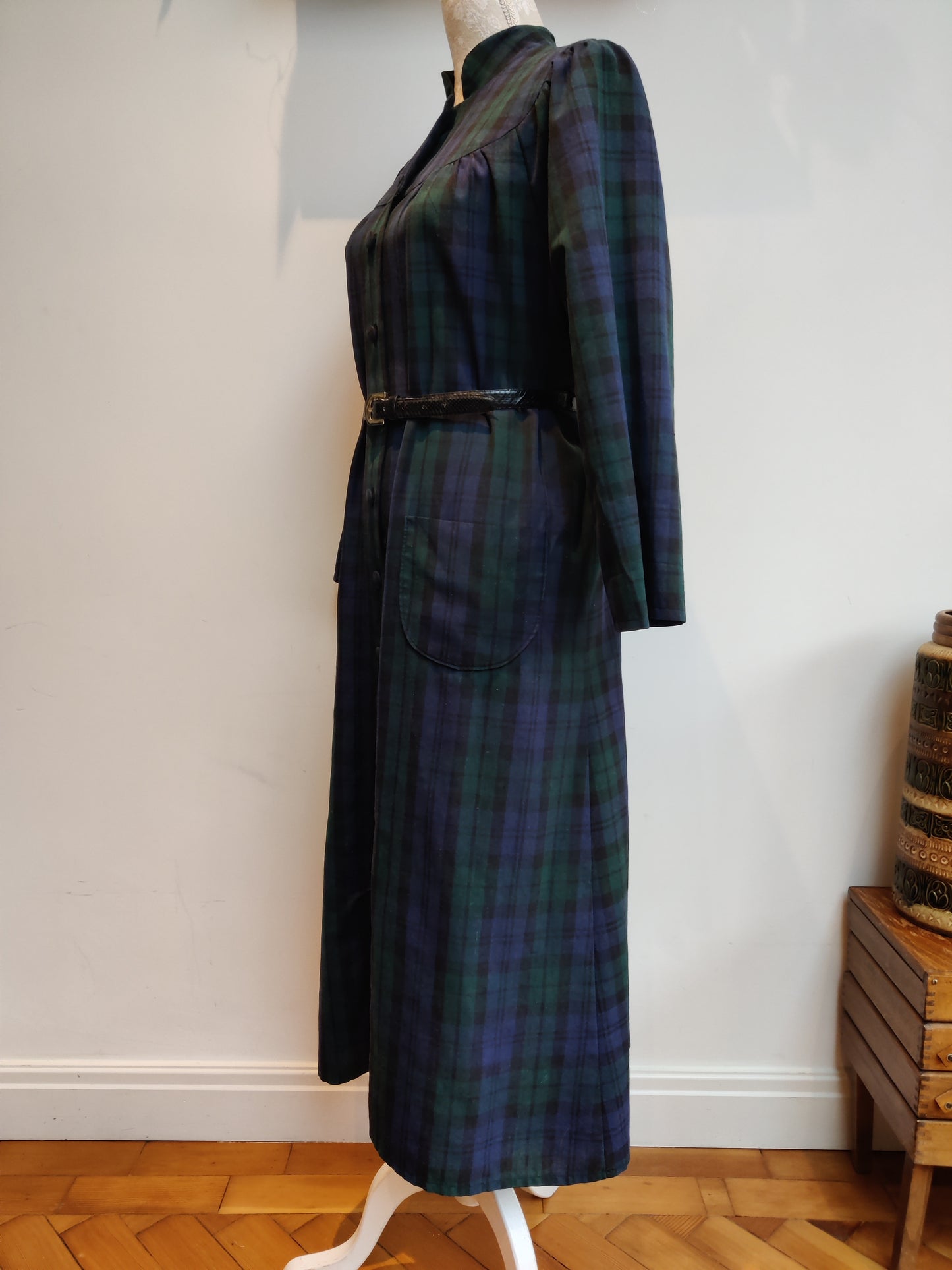 Incredible 80s Laura Ashley style green and blue tartan midi dress. Size 18-20.