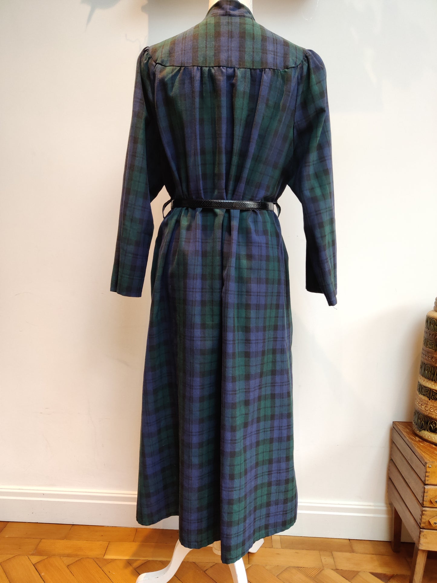 Incredible 80s Laura Ashley style green and blue tartan midi dress. Size 18-20.