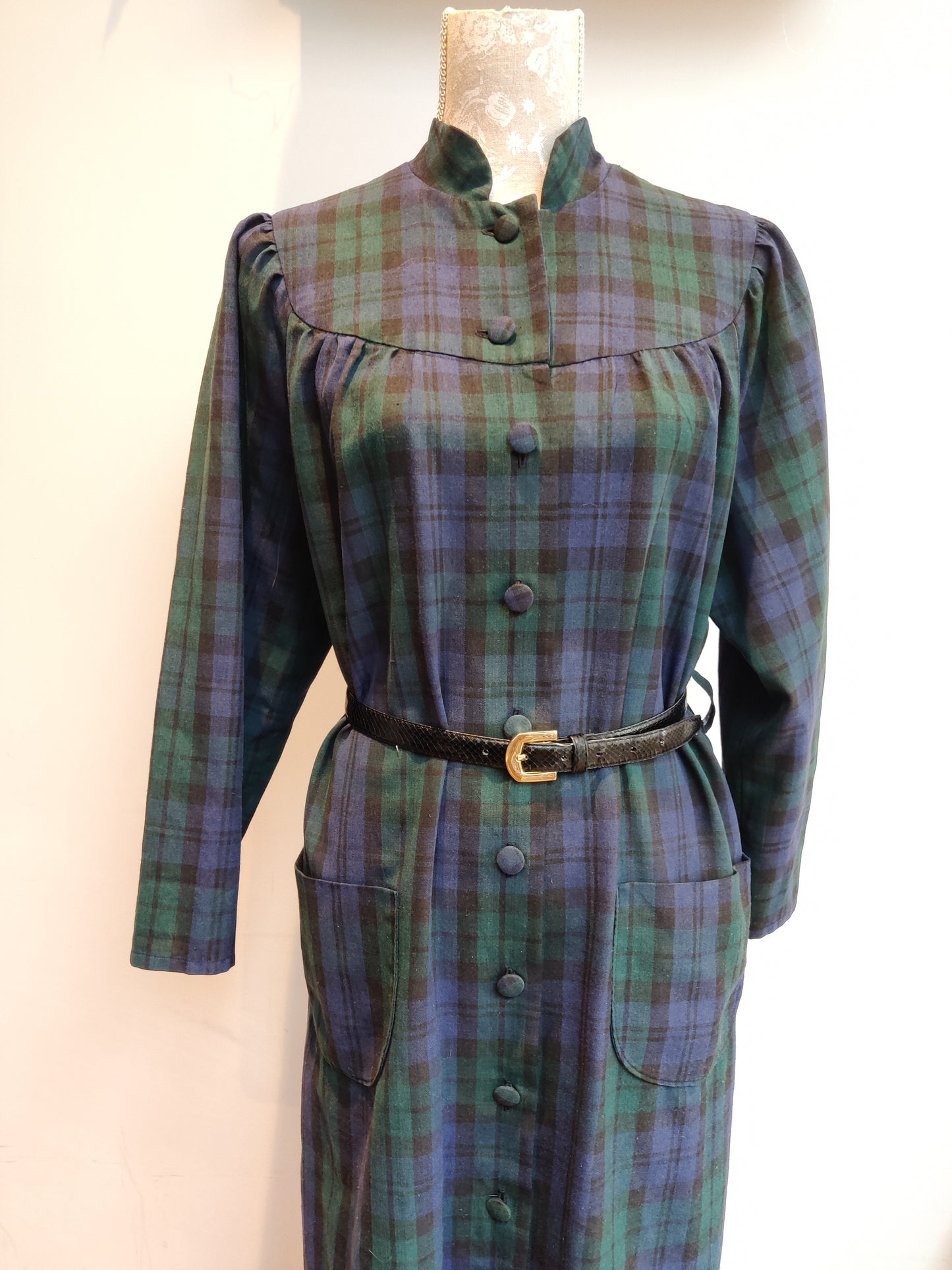 Incredible 80s Laura Ashley style green and blue tartan midi dress. Size 18-20.