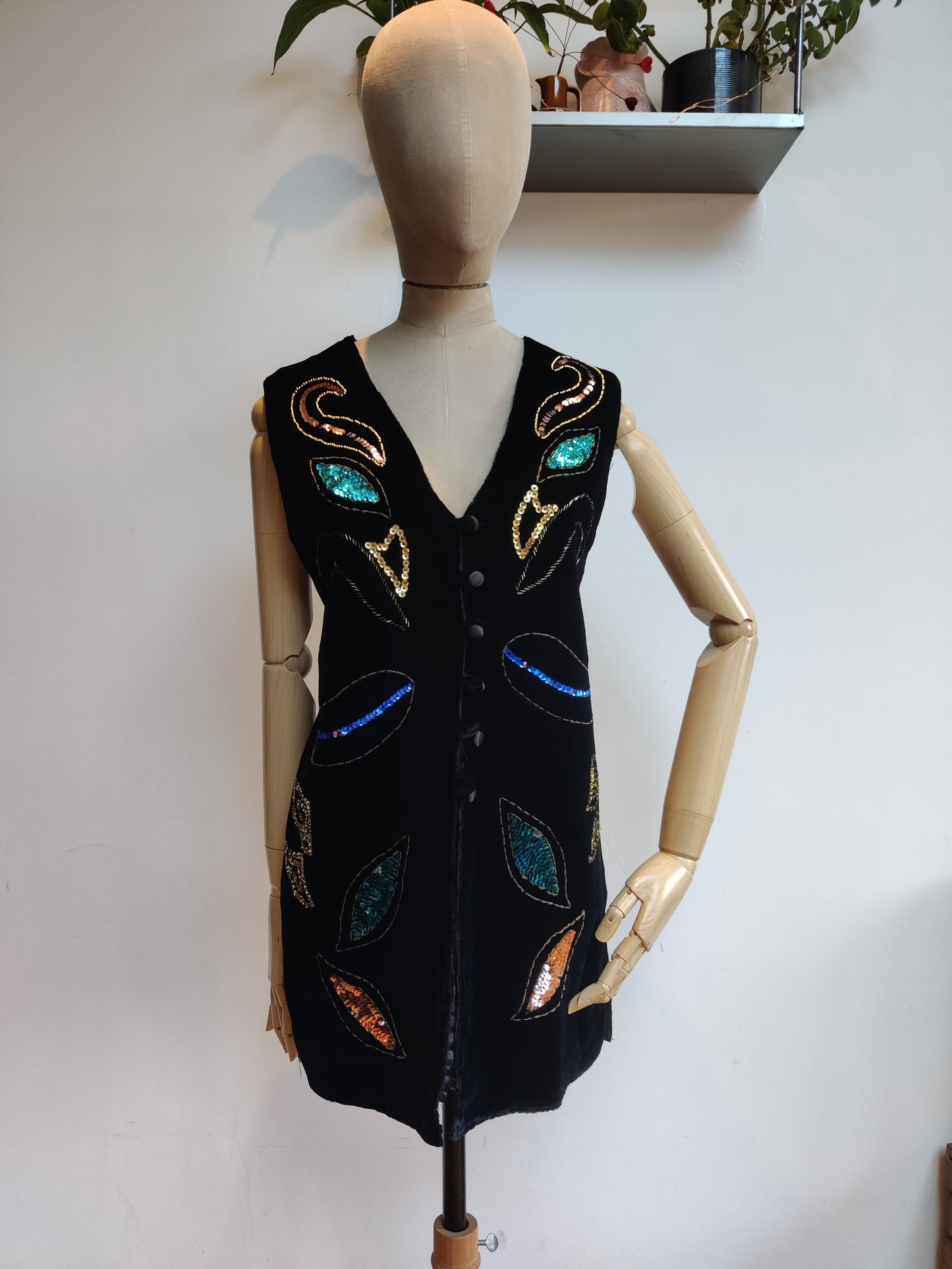 Vintage black velvet waistcoat with rainbow sequins. Size 16-18.