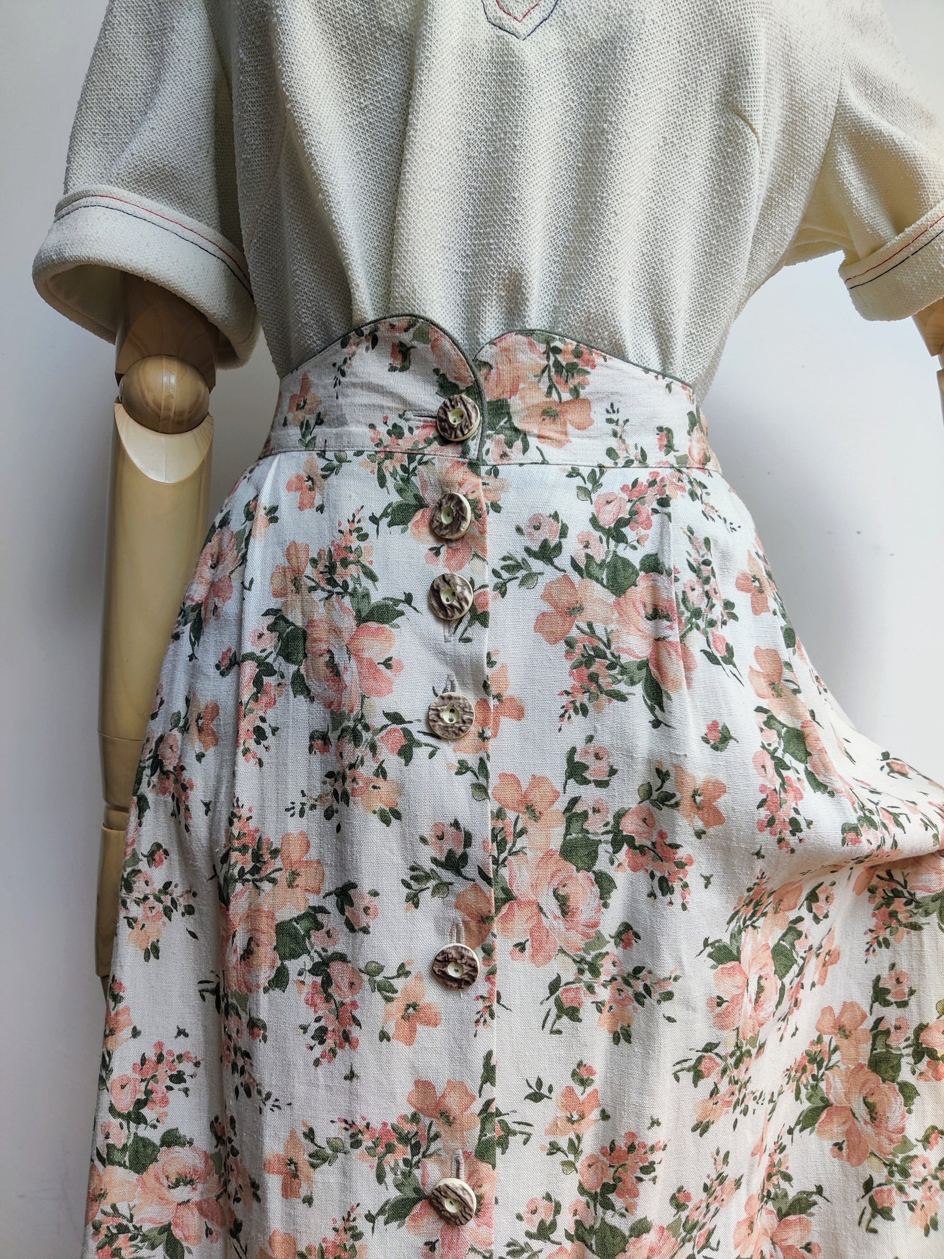 Gorgeous cream linen skirt with pink and green floral design