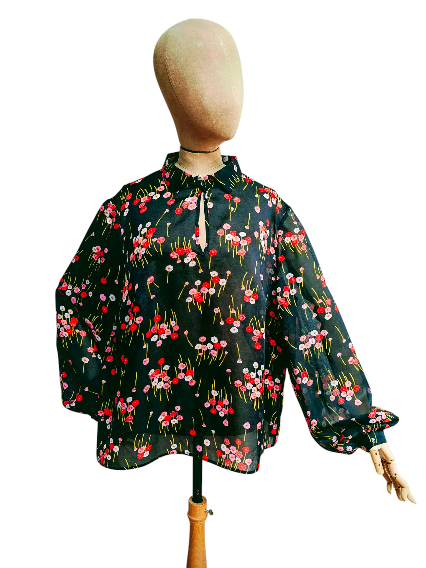 Black and pink daisy blouse with statement sleeves. Size 16.