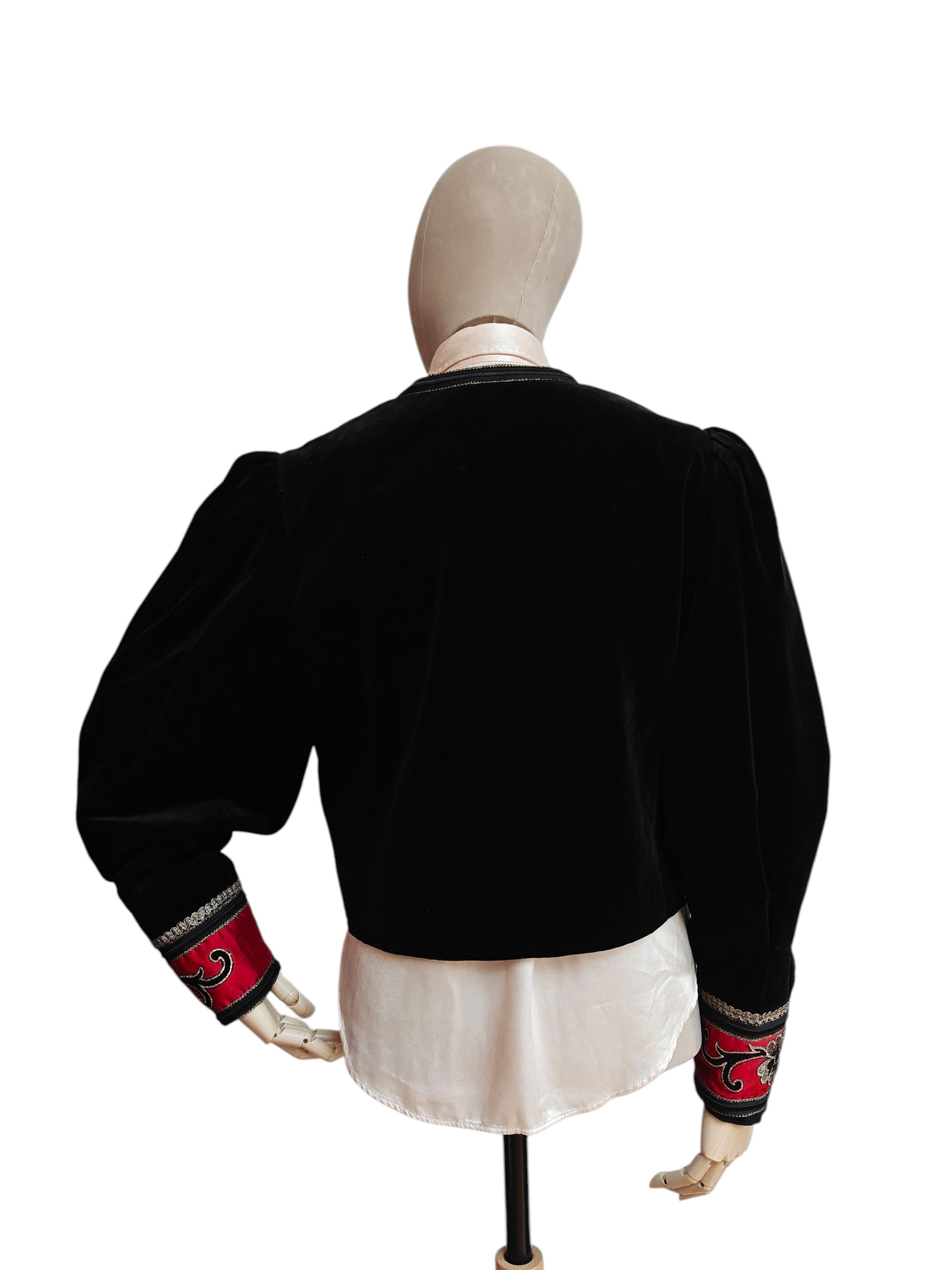 Black velvet jacket with red and gold embroidery trim