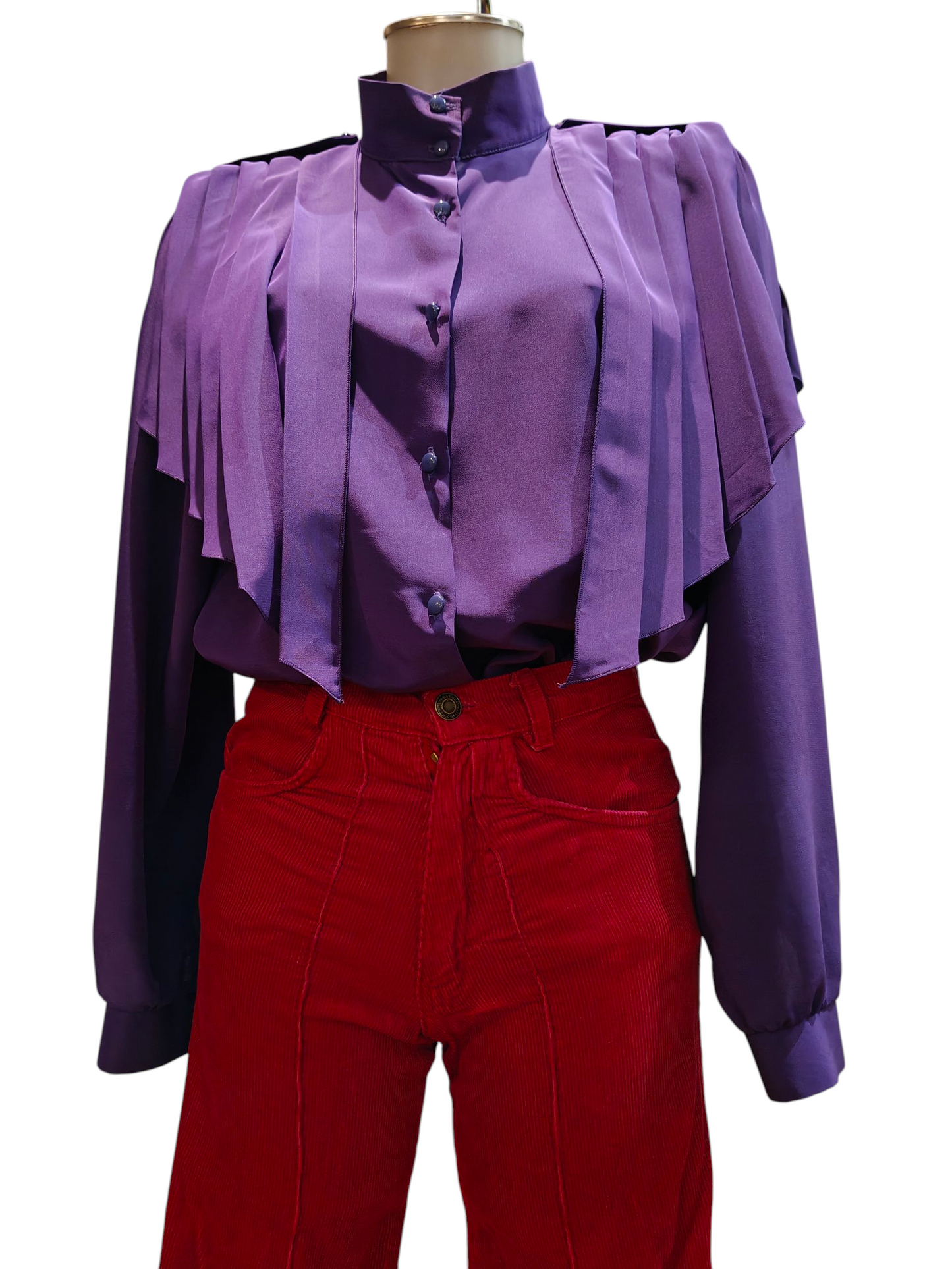 Bright pink corduroy flares.