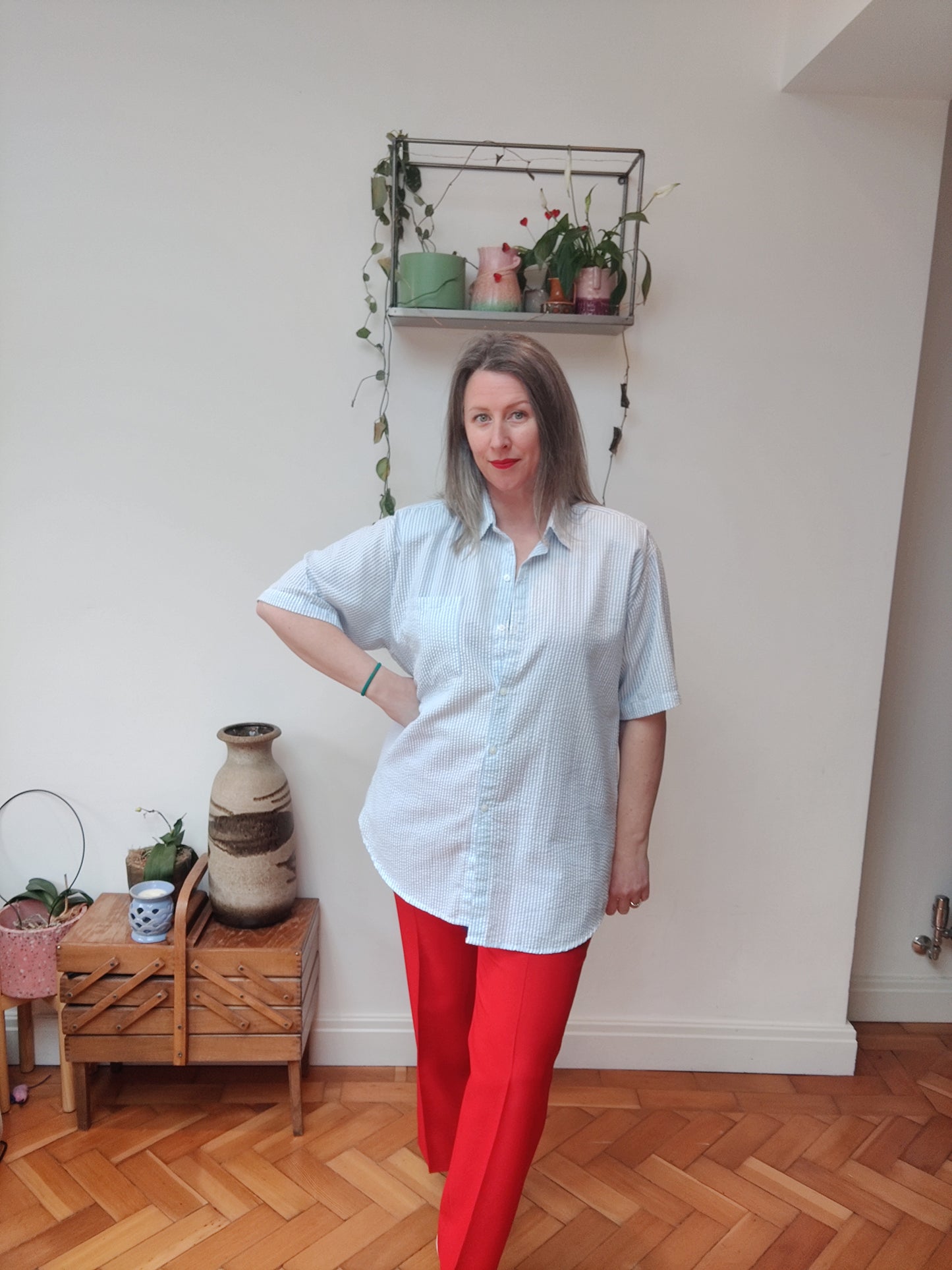 Pale blue and white stripe shirt. size 16