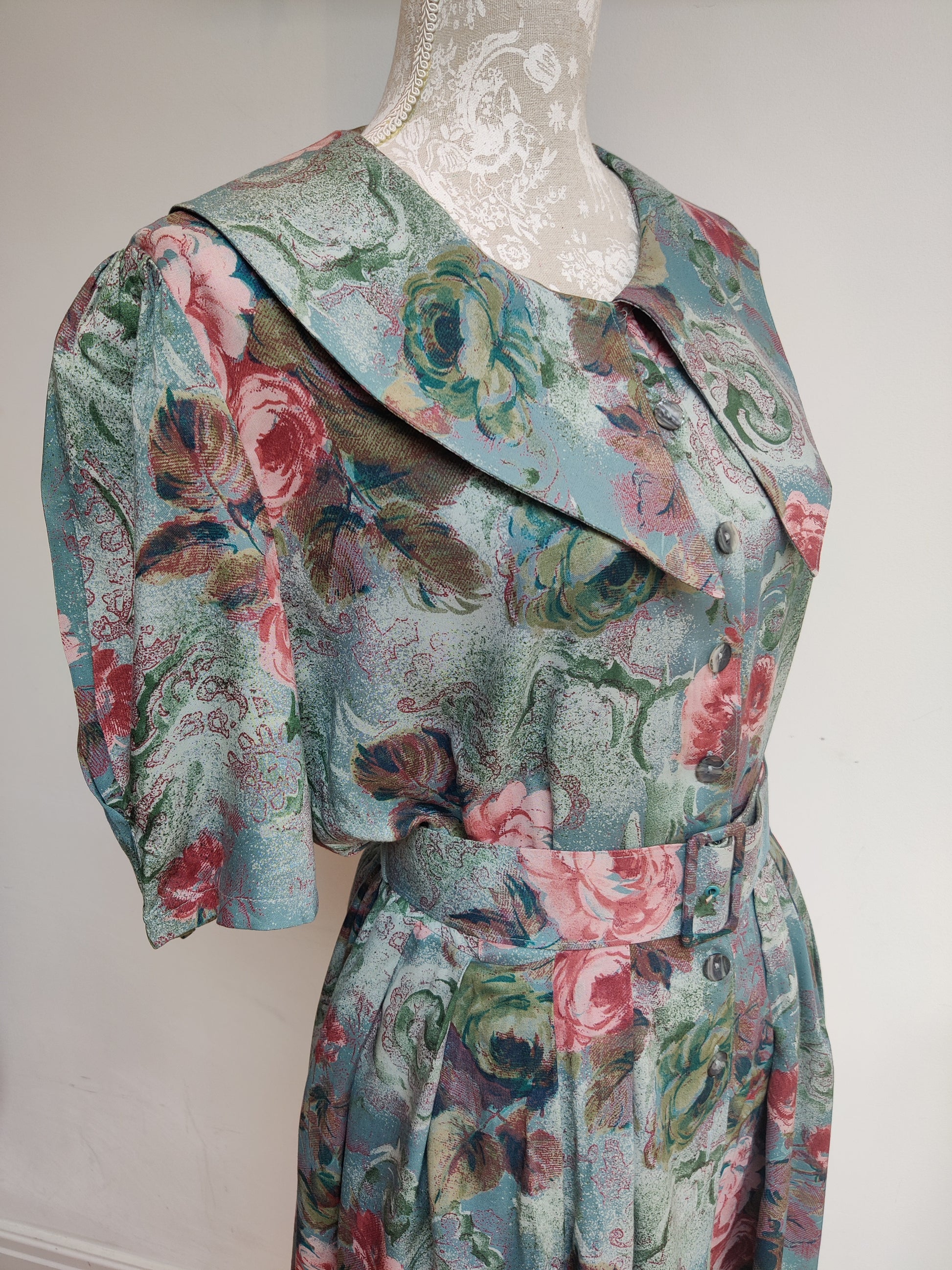 Blue and pink vintage floral dress with belt.
