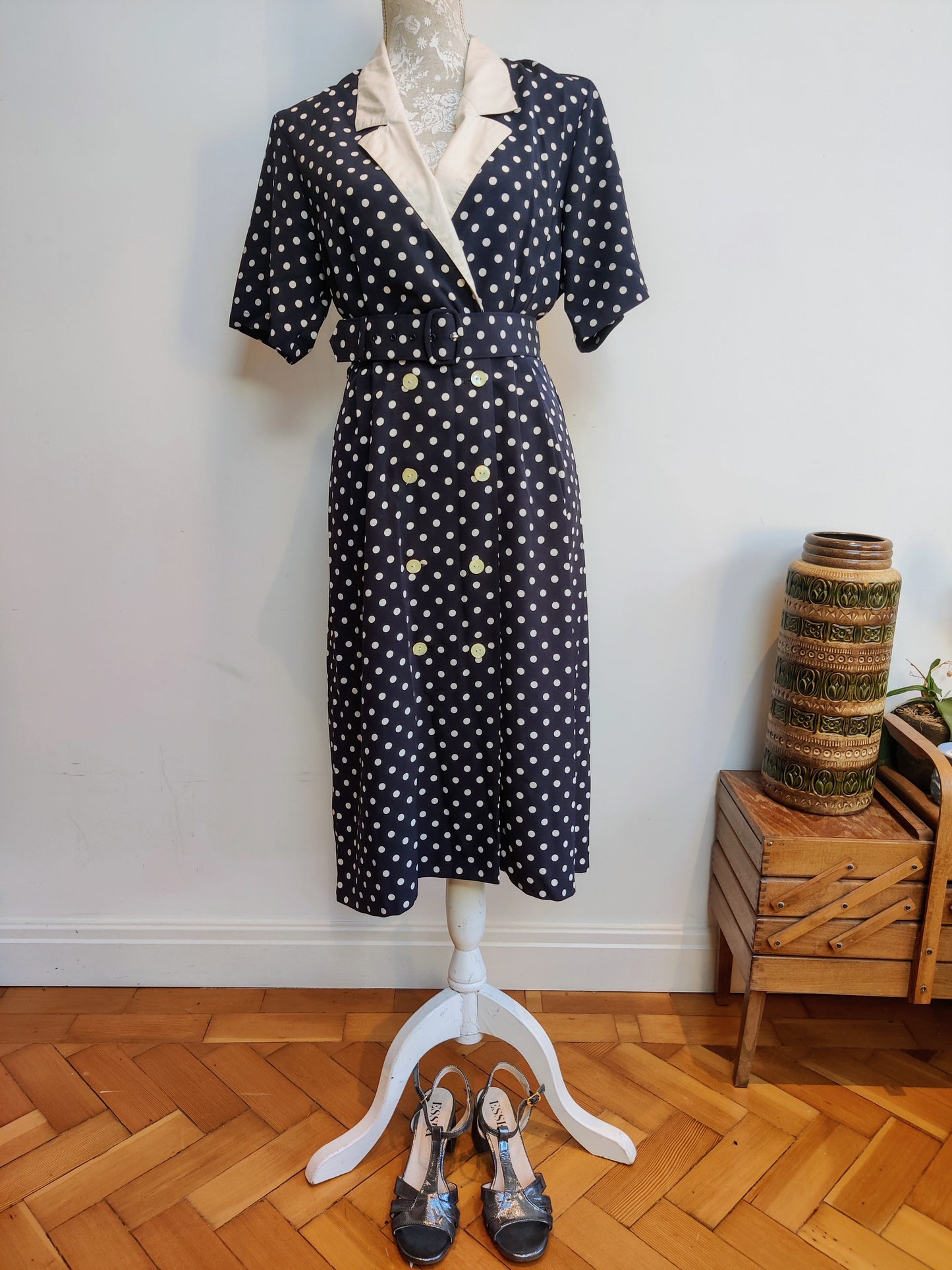 Navy and white polka dot vintage dress