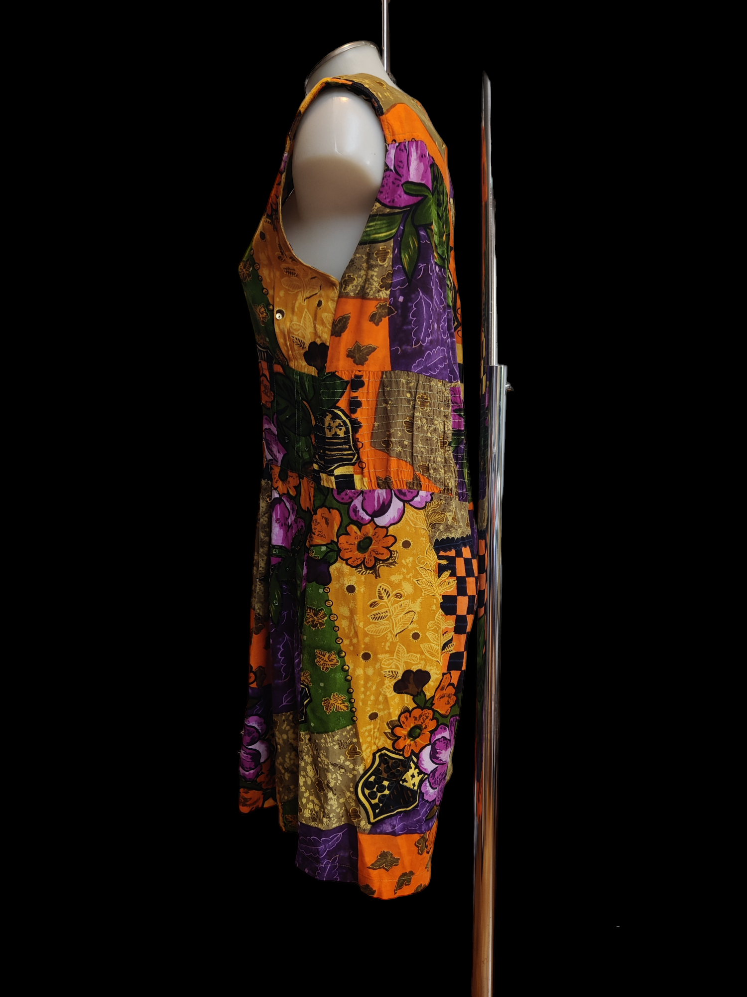 Amazing 1980s wide leg playsuit in black, orange and purple print.