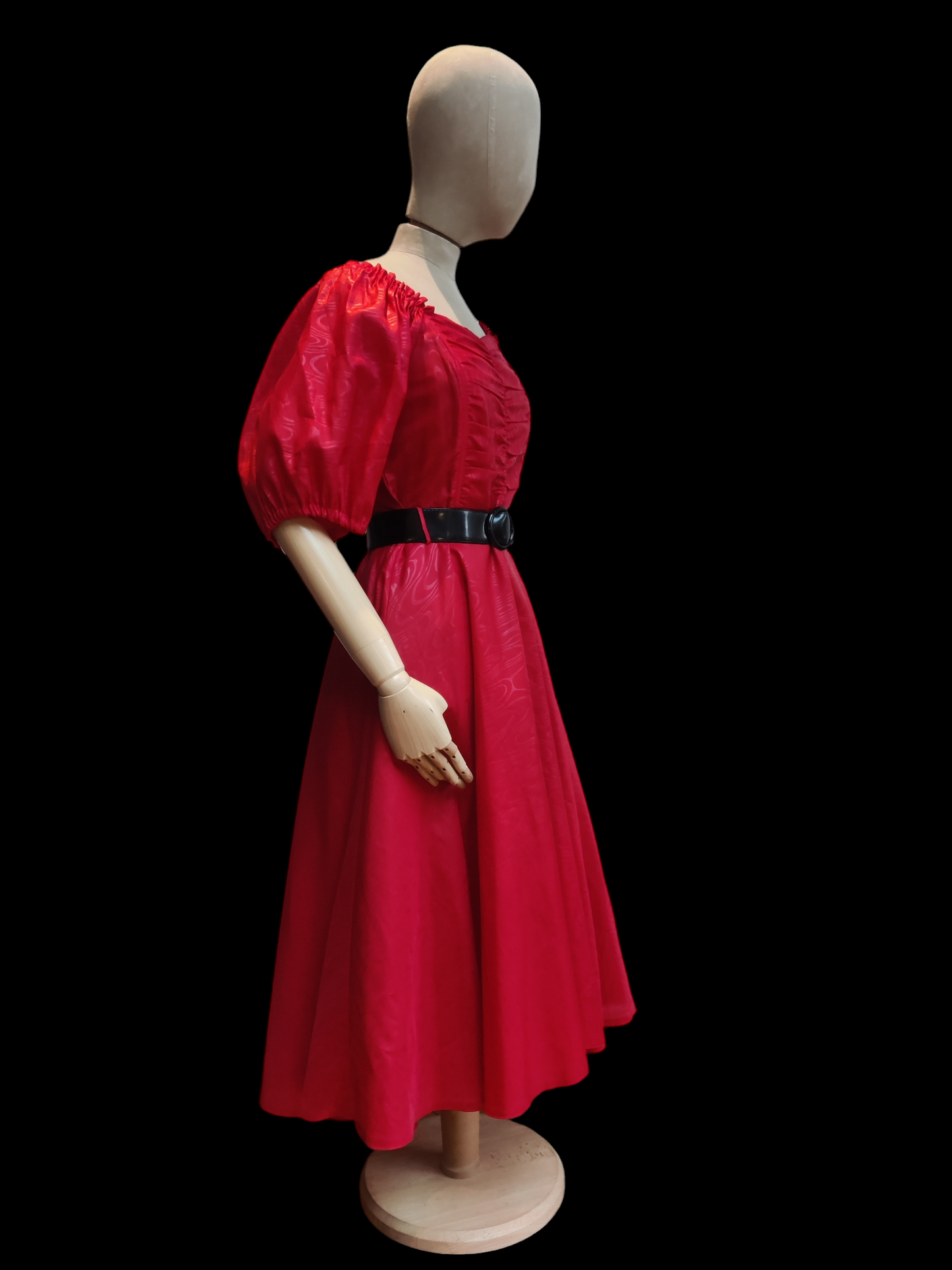 Red 80's dress with puff sleeves and ruched bodice