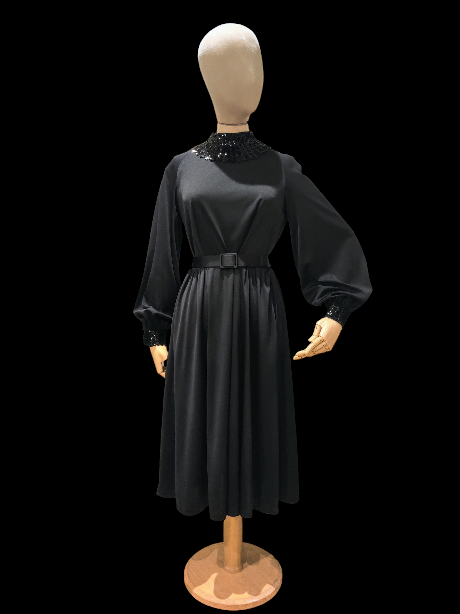 Black 70s midi dress with sequin high neck and balloon sleeves. Size 1 Olive & Quince Vintage Black 70s midi dress with sequin high neck and balloon sleeves. Size 1 Olive & Quince Vintage
