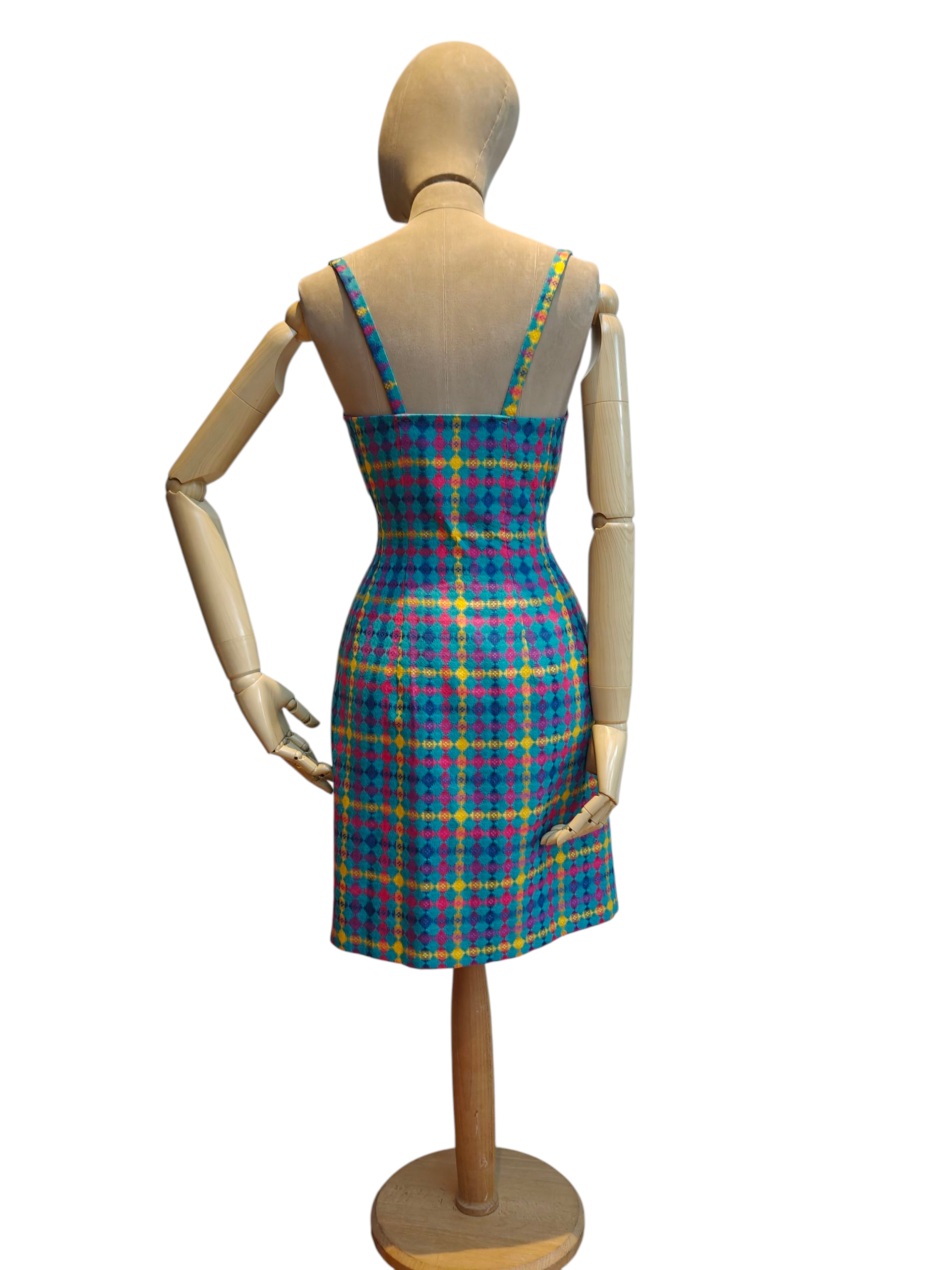 Vintage blue dress with bright pink and yellow check