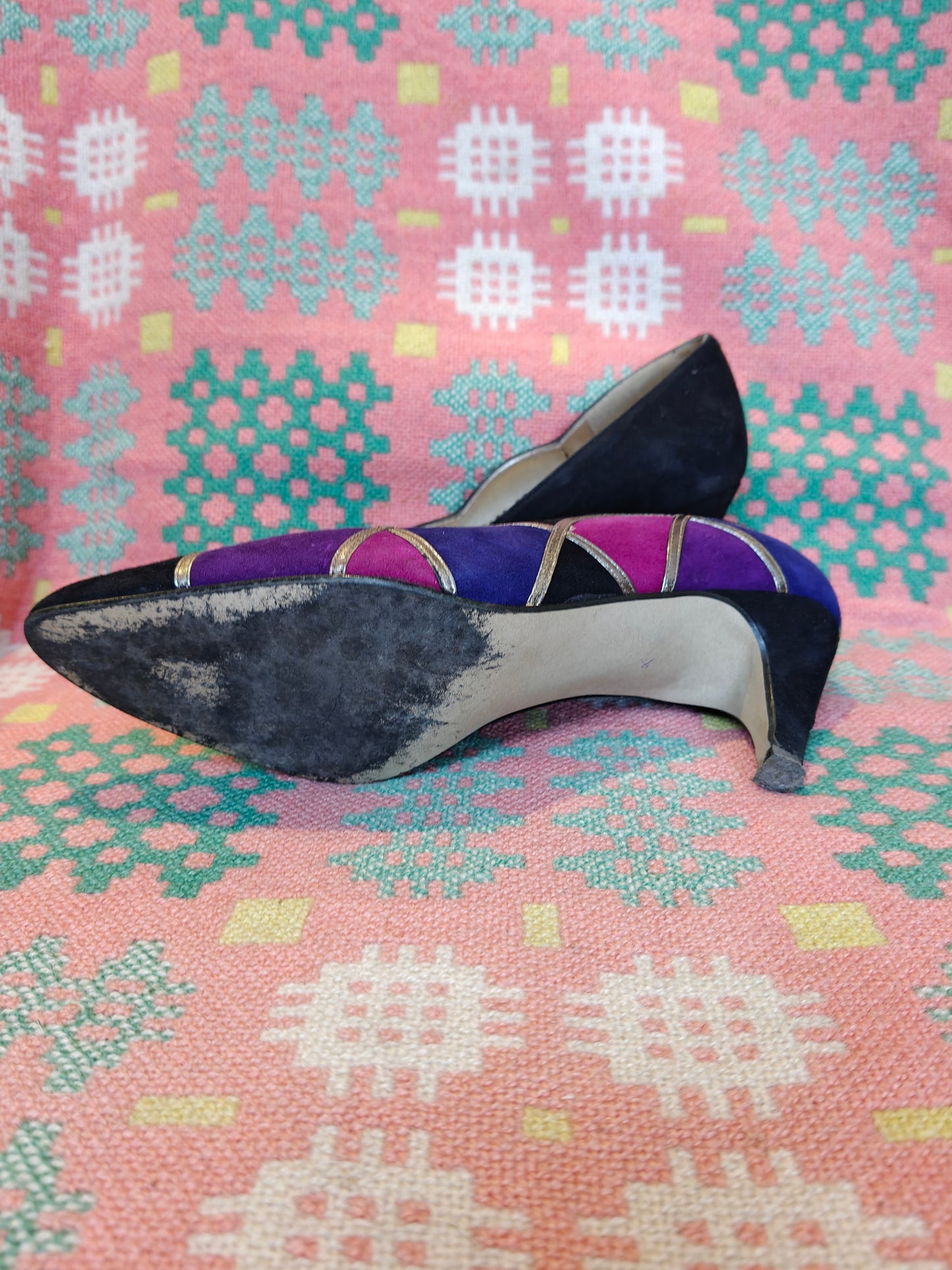 Vintage heeled shoes in pink purple and black