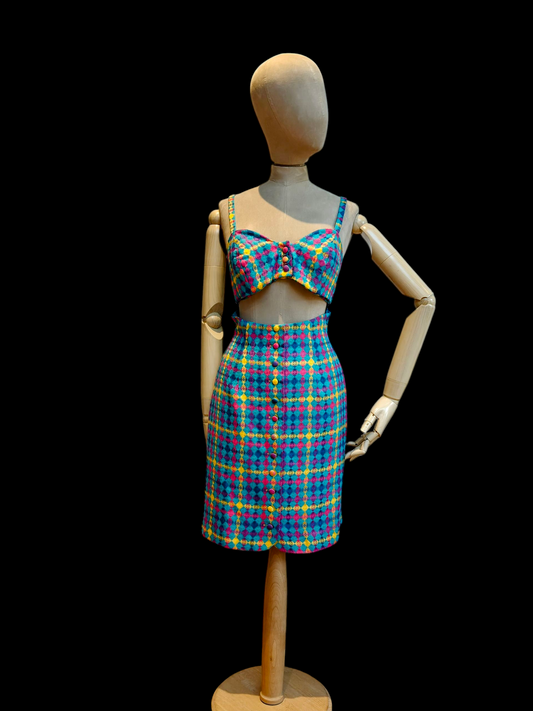 Vintage statement summer dress in blue pink and yellow