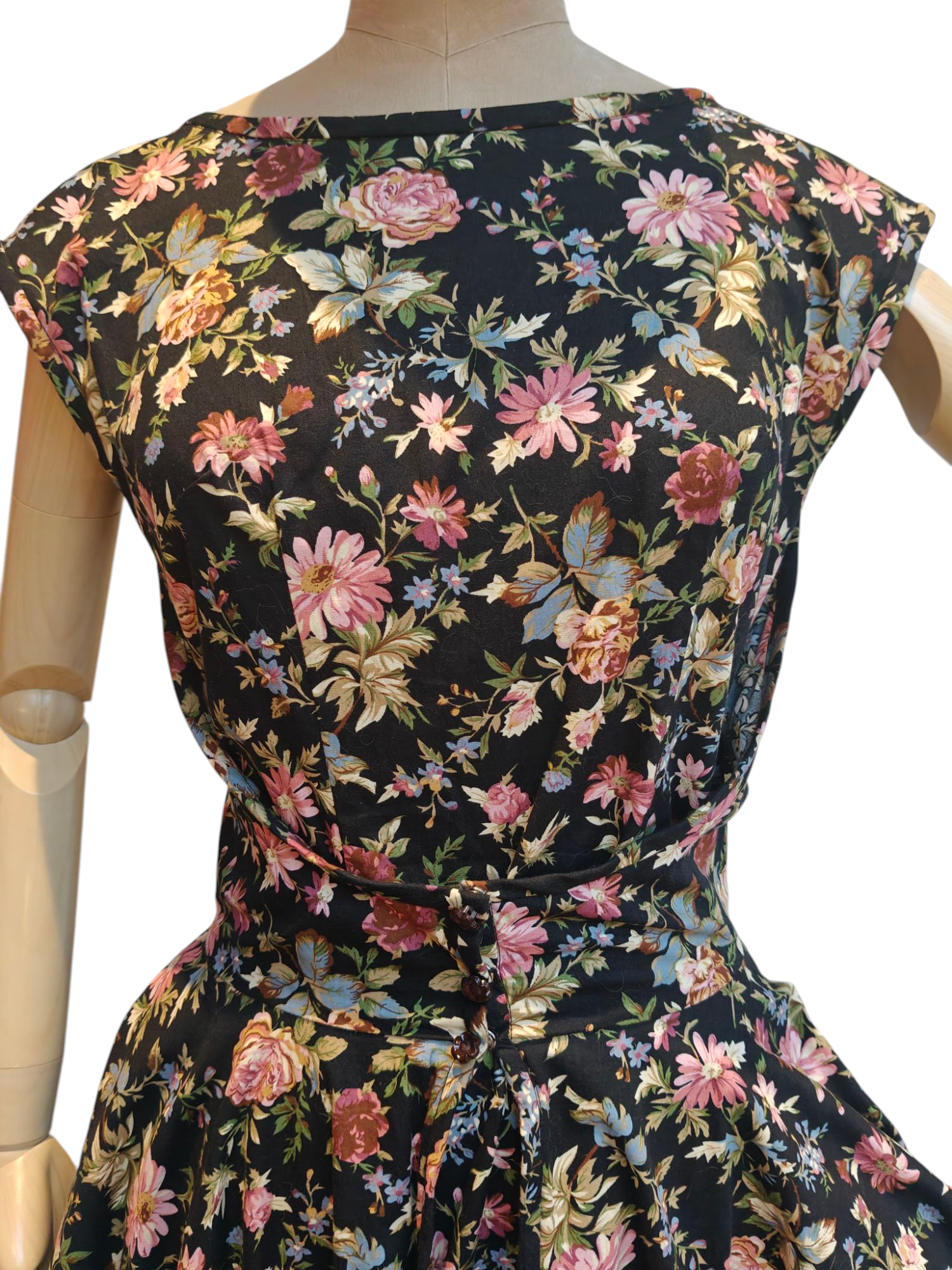 beautiful black vintage midi dress with pink floral print