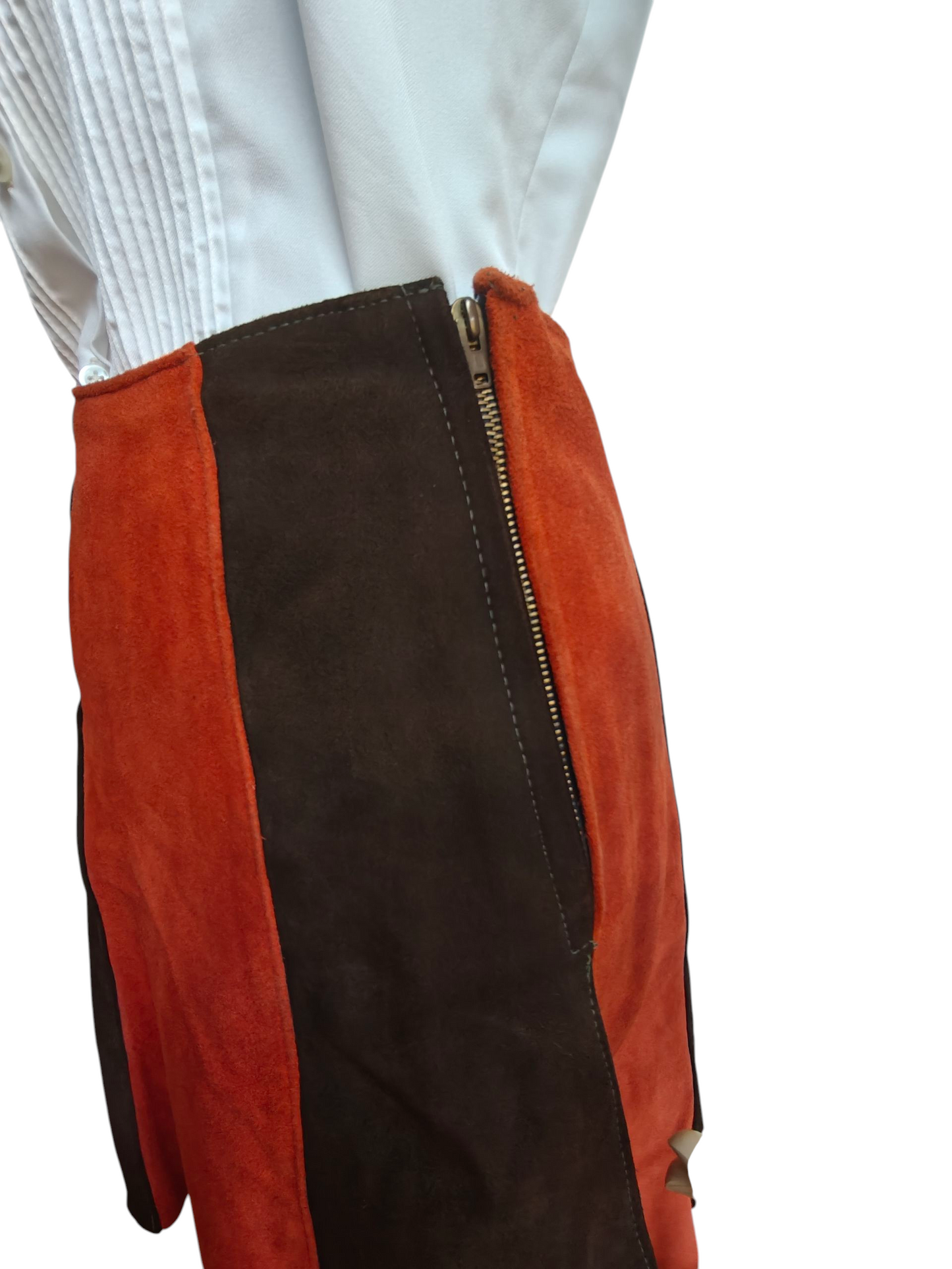 orange and brown striped suede mini skir