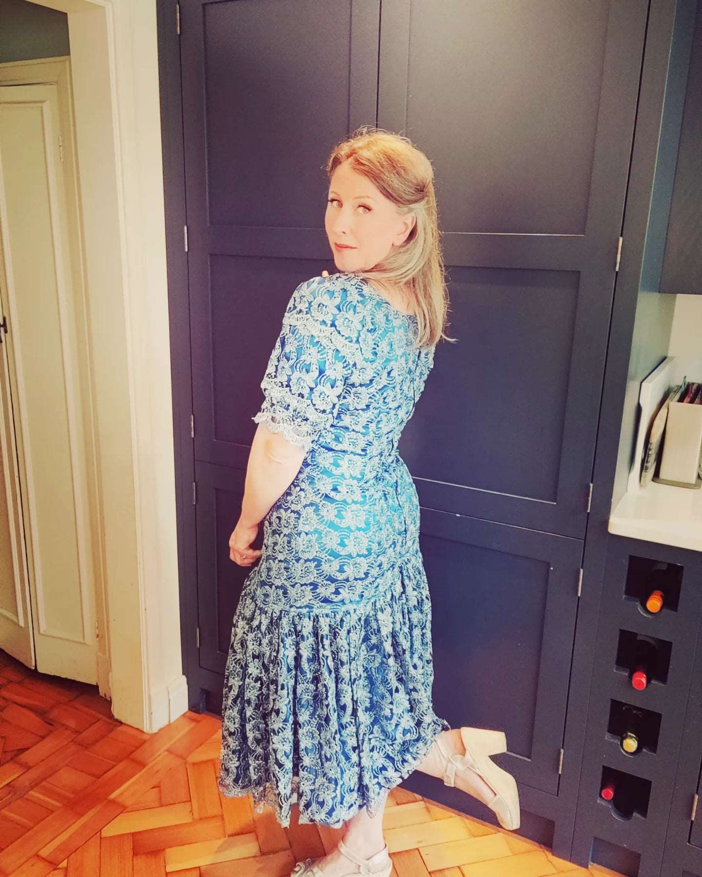 Blue lace vintage dress, perfect for wedding guest.