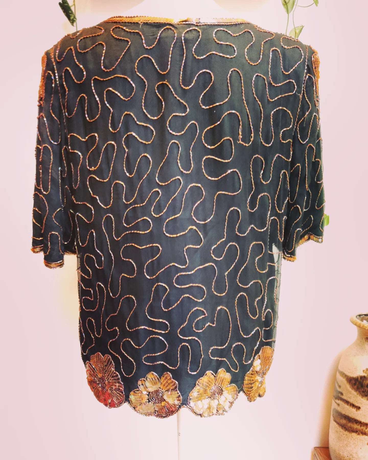 1980s Black and gold floral beaded top. Size 12-14.