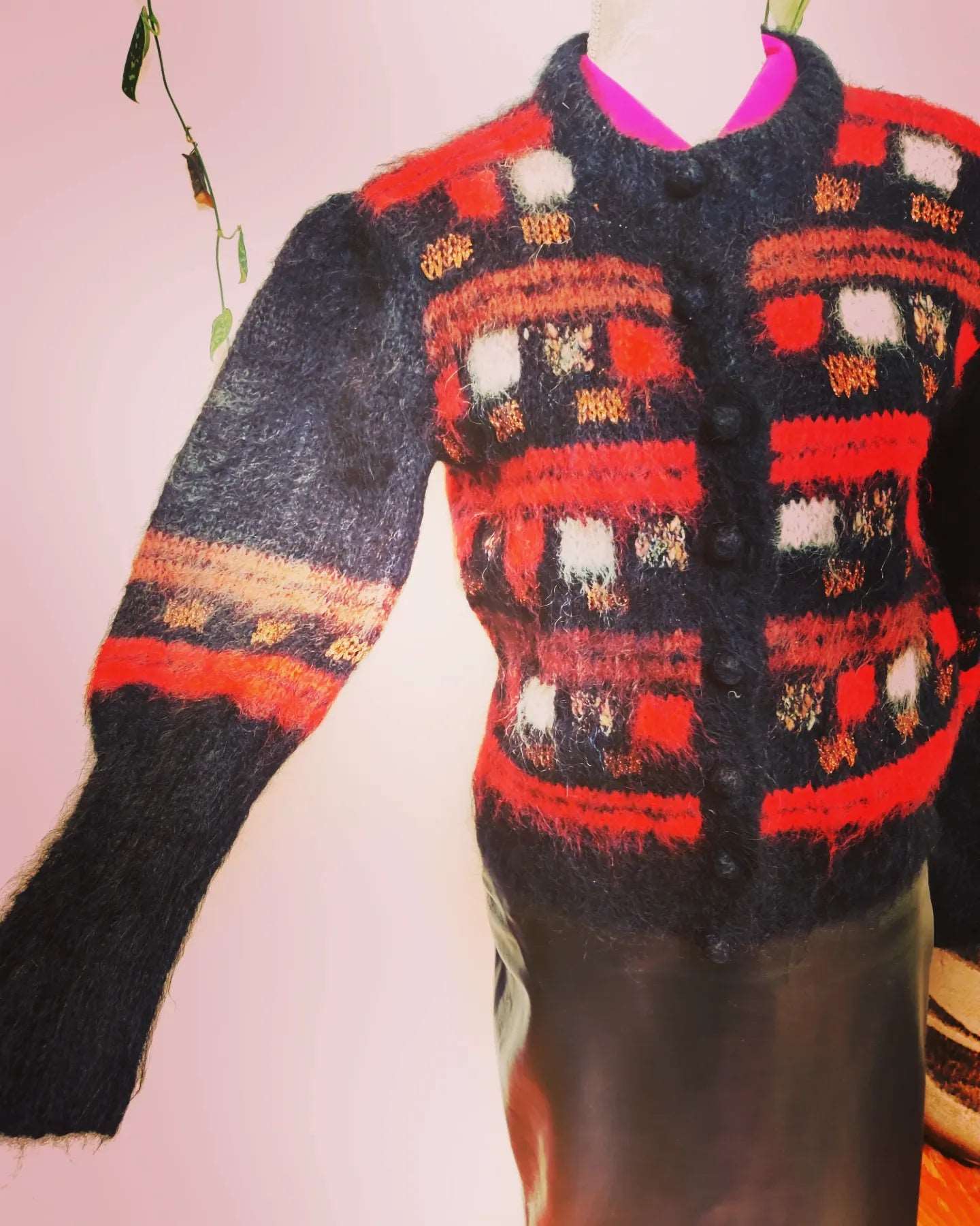 Stunning black and red vintage mohair cardigan. Size 8-12.