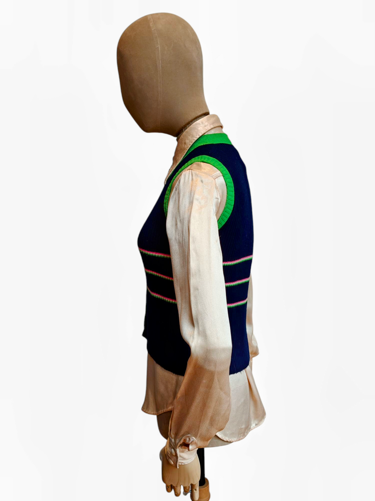 1970's tank top in navy with bright green trim.