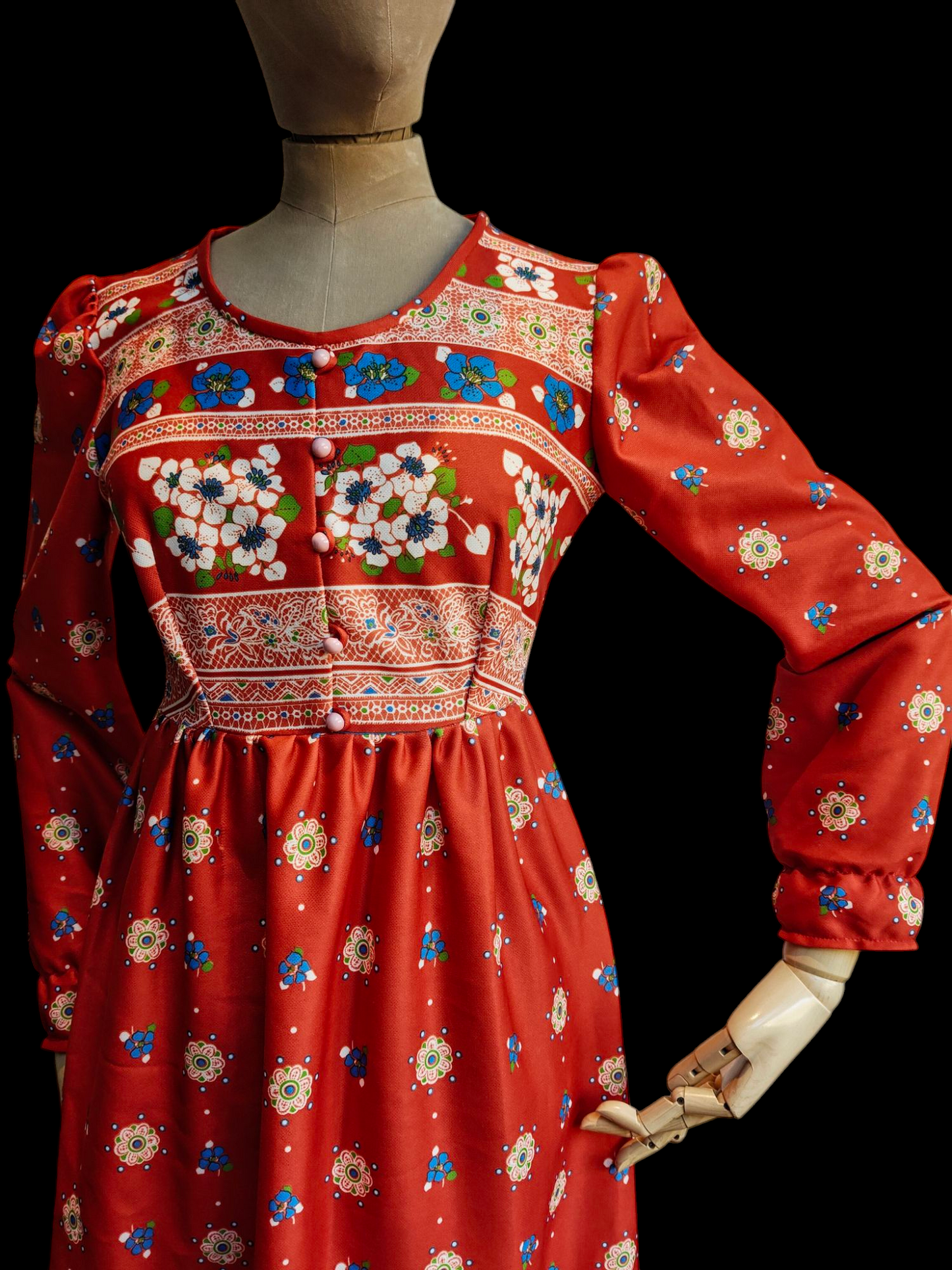 1970s floral maxi dress in orange