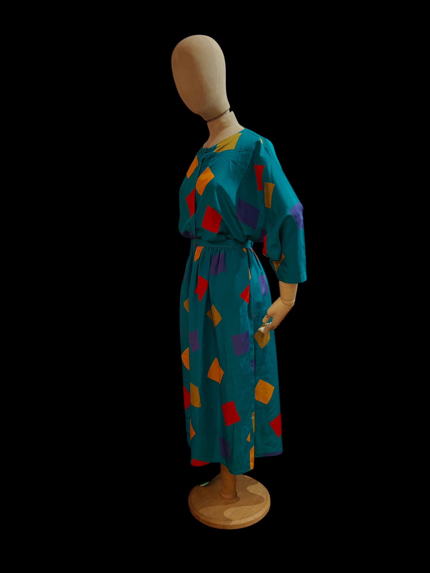 1980's green skirt and shirt set with primary colour geometric print